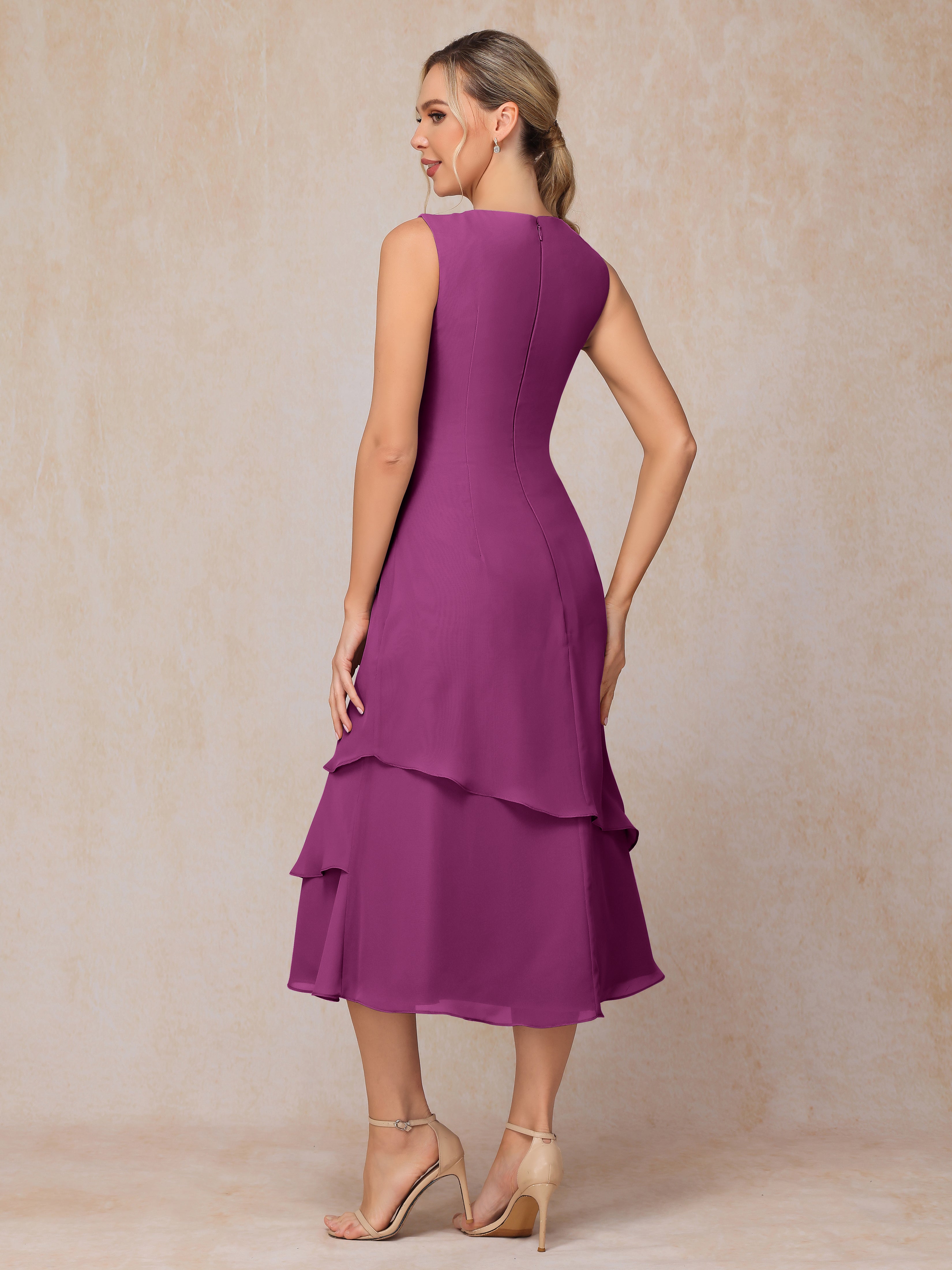 2 Pieces Tea Length Long Sleeves Chiffon Mother Of The Groom Dress