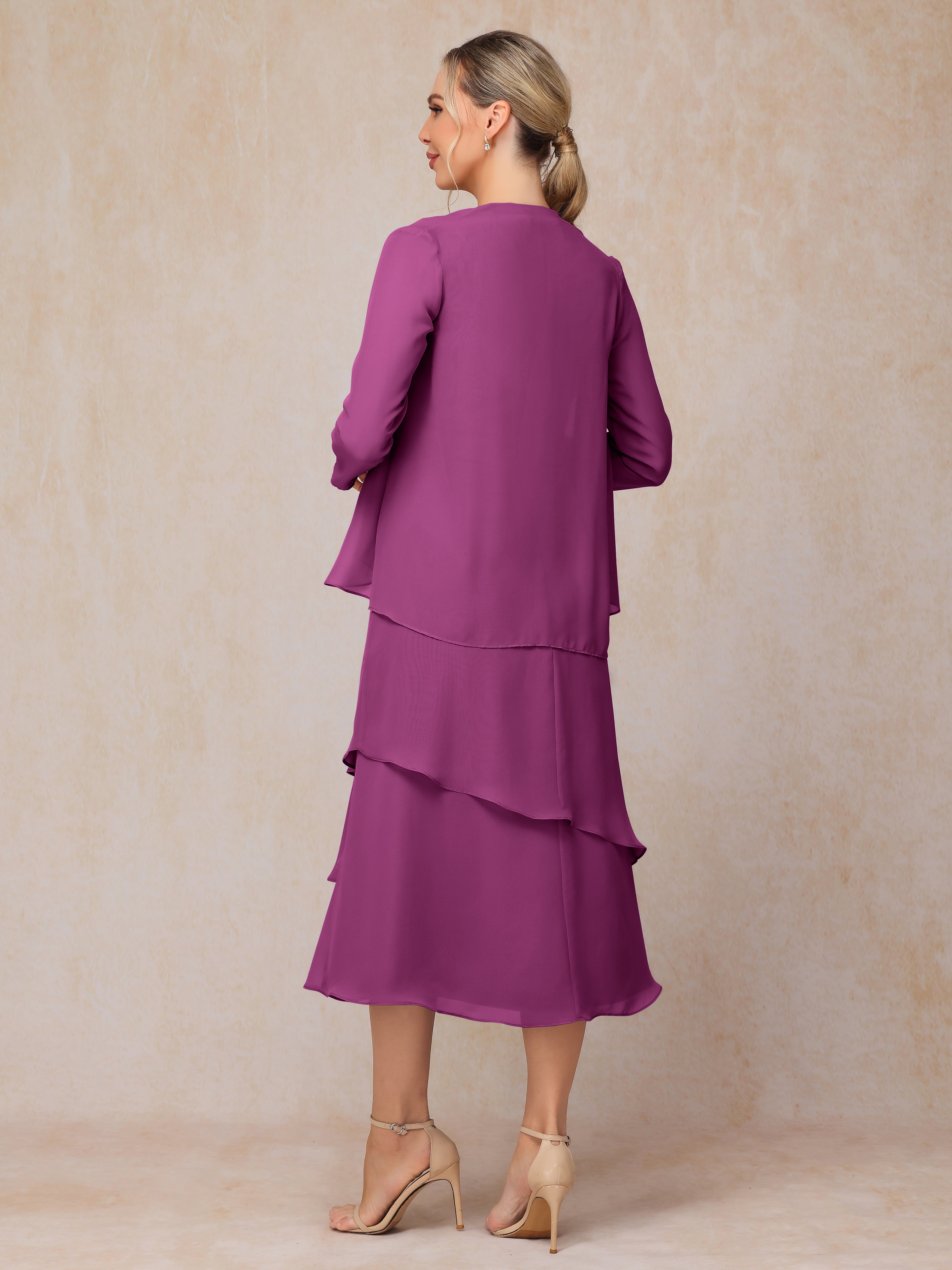 2 Pieces Tea Length Long Sleeves Chiffon Mother Of The Groom Dress