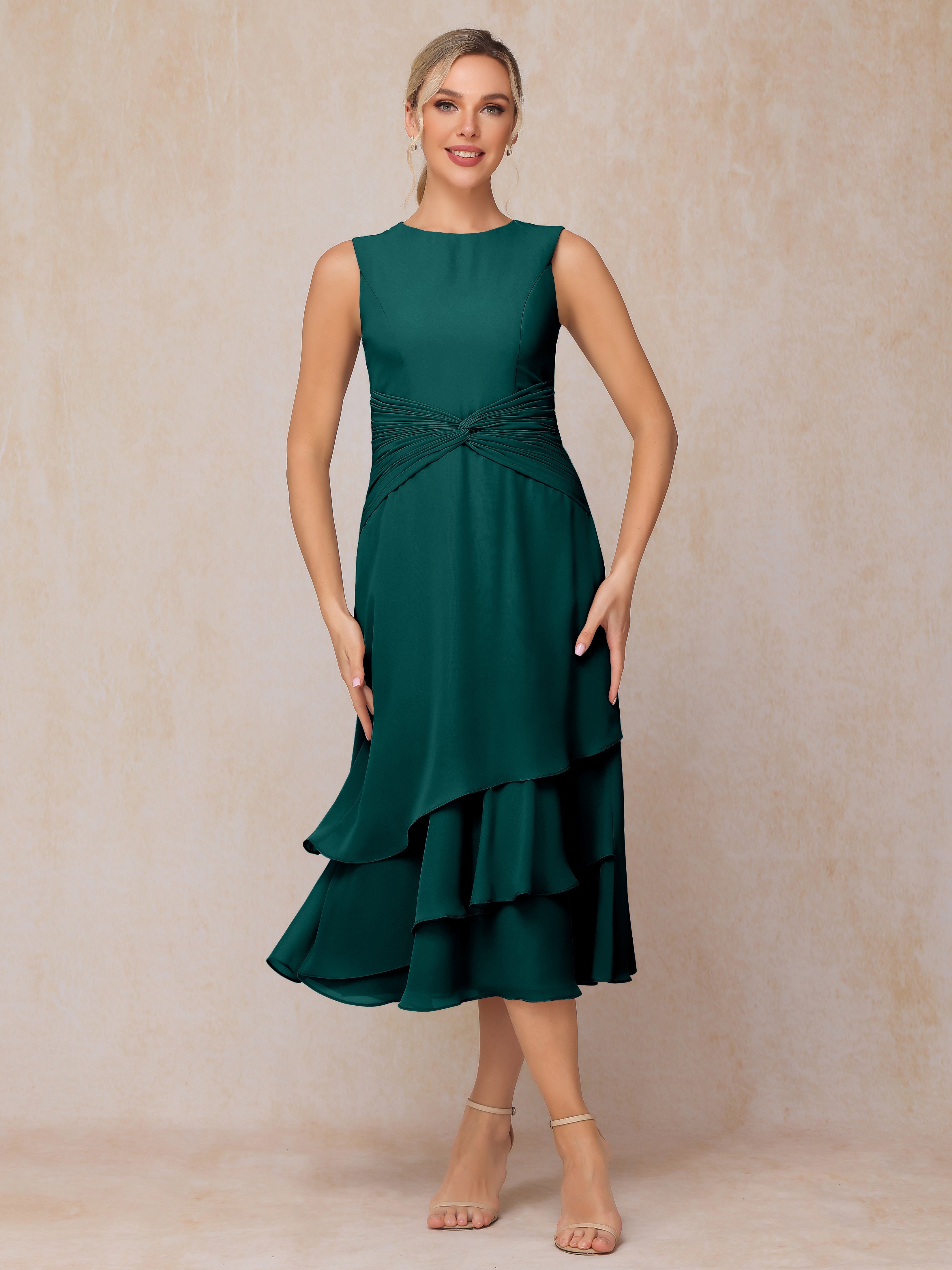 2 Pieces Tea Length Long Sleeves Chiffon Mother Of The Groom Dress