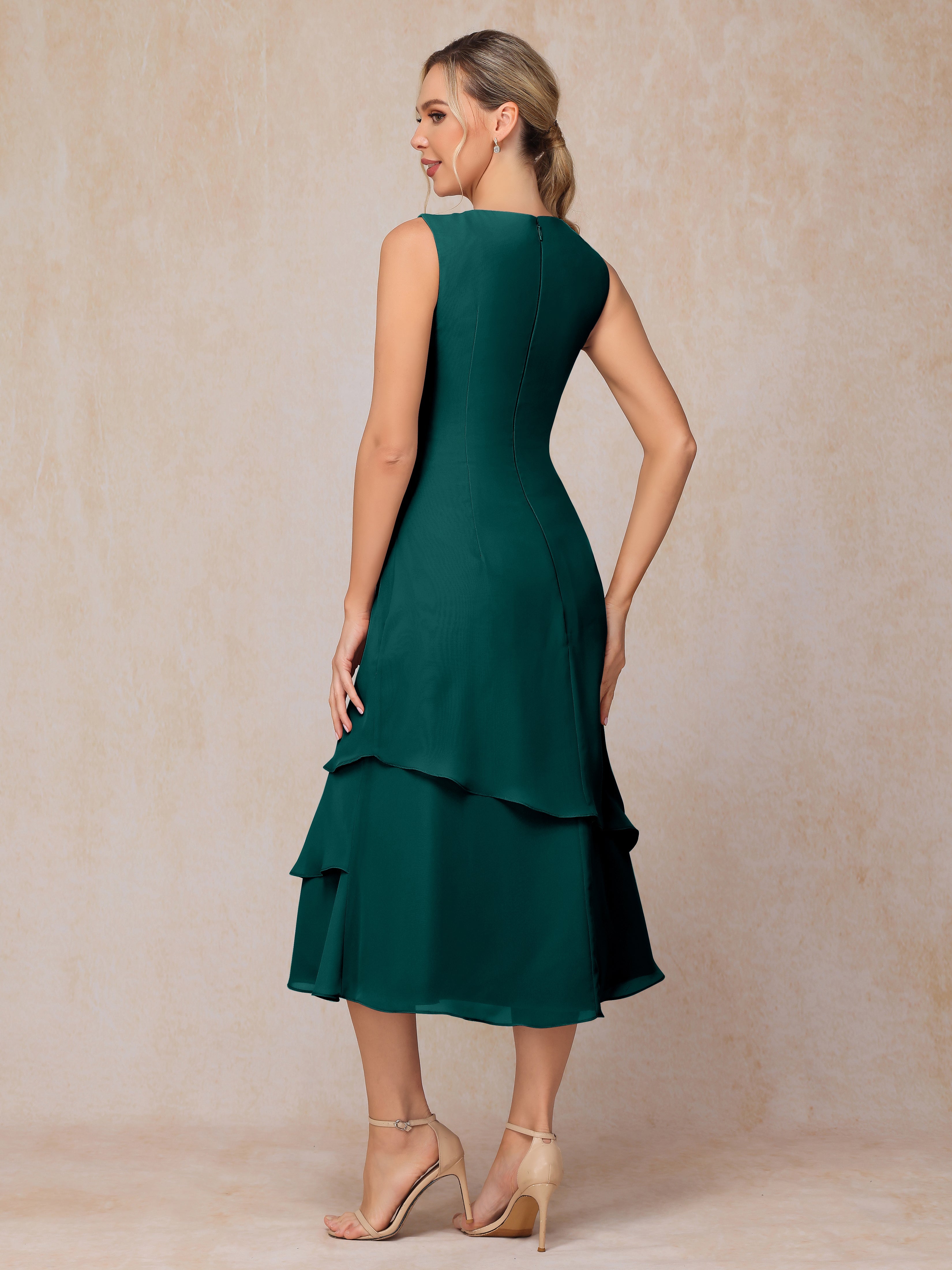 2 Pieces Tea Length Long Sleeves Chiffon Mother Of The Groom Dress