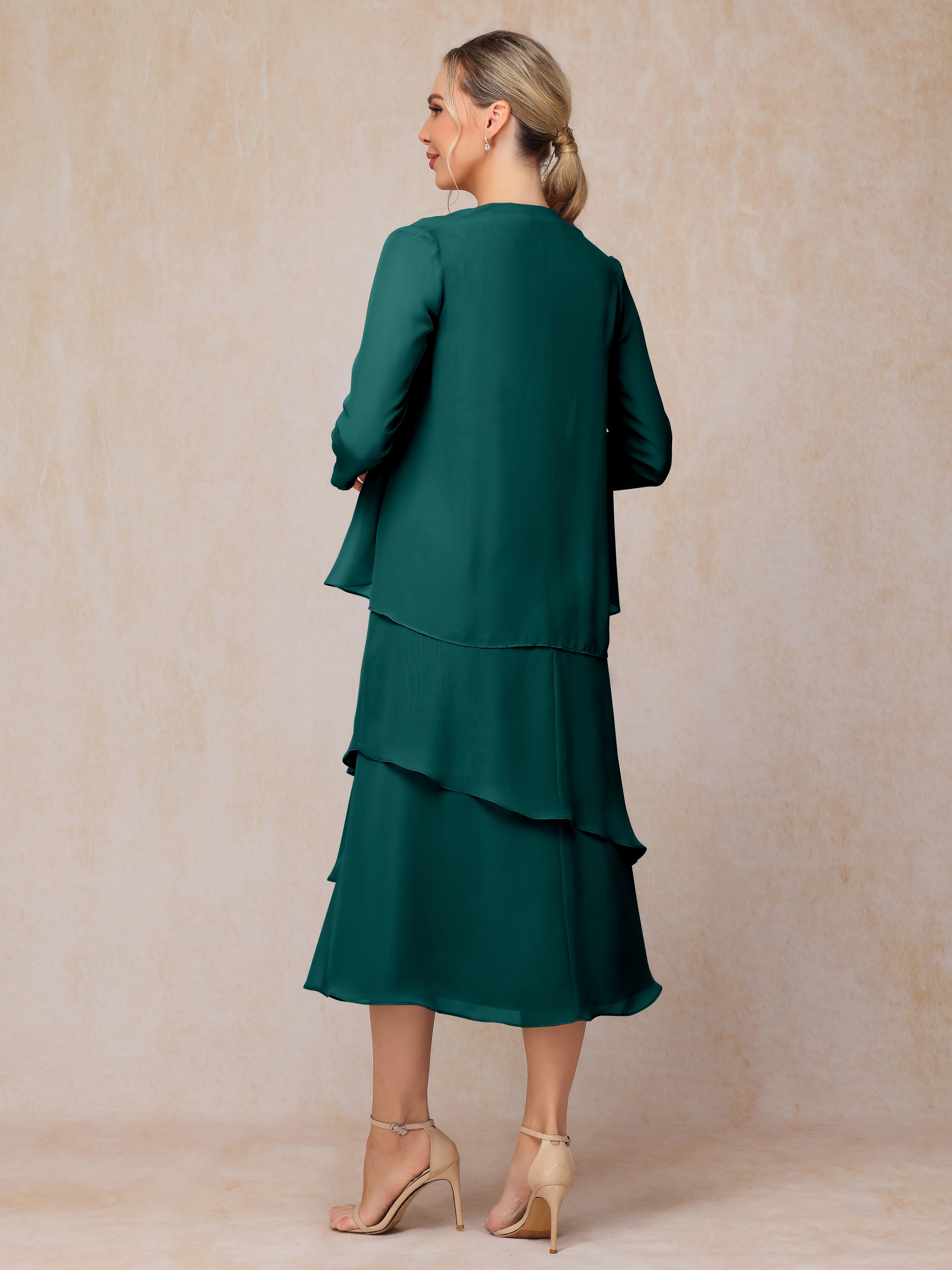 2 Pieces Tea Length Long Sleeves Chiffon Mother Of The Groom Dress