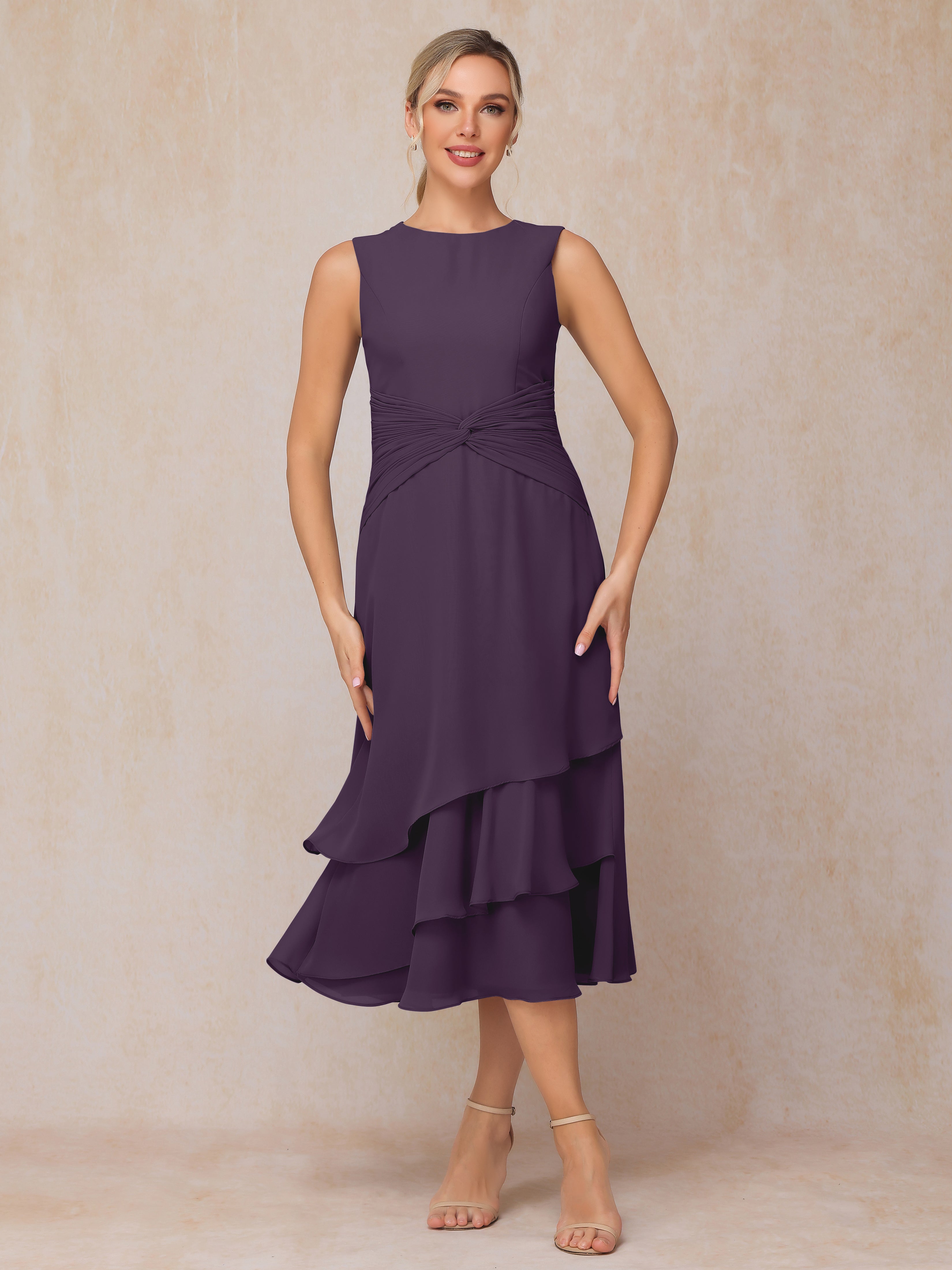 2 Pieces Tea Length Long Sleeves Chiffon Mother Of The Groom Dress