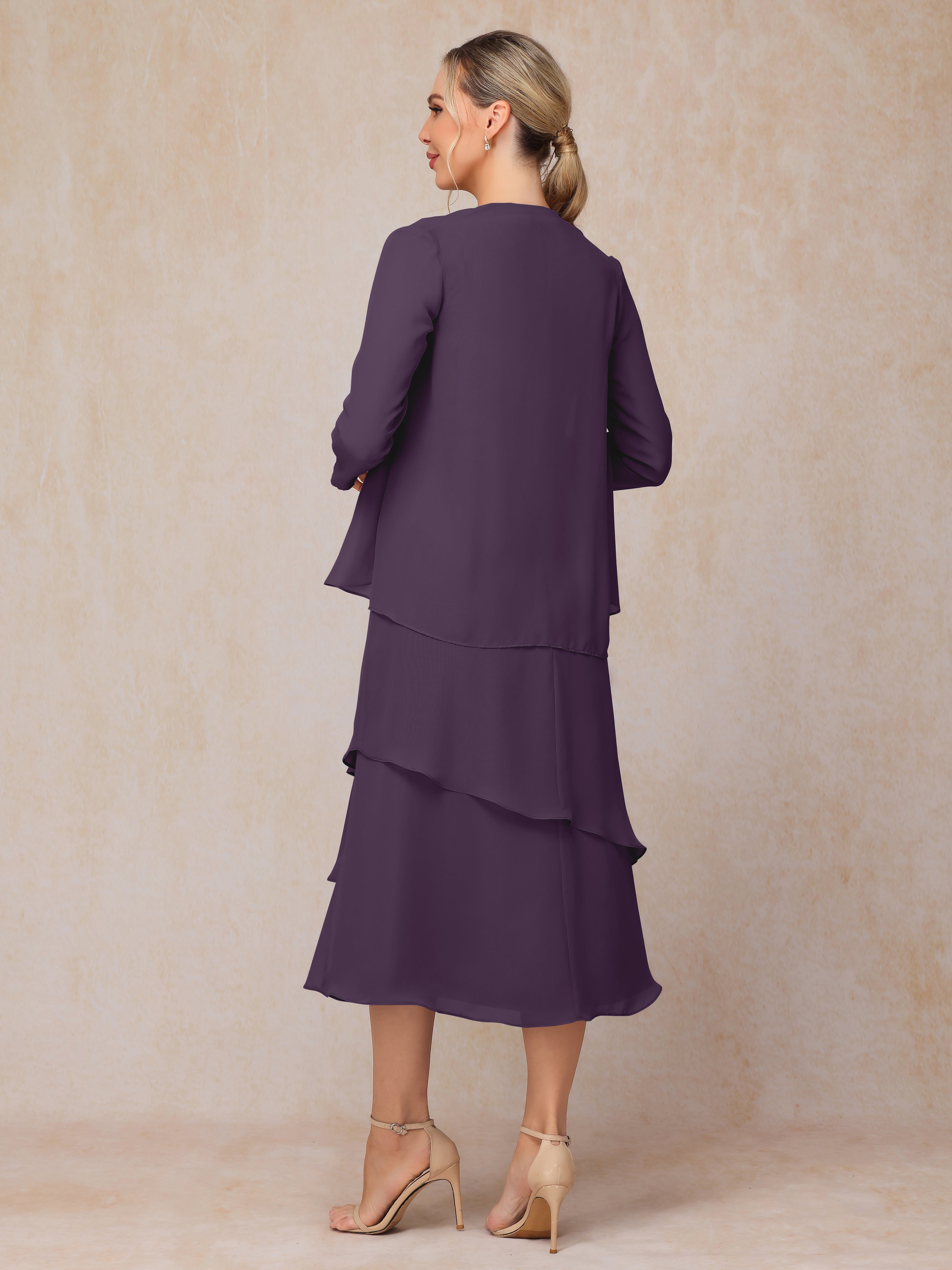 2 Pieces Tea Length Long Sleeves Chiffon Mother Of The Bride Dress