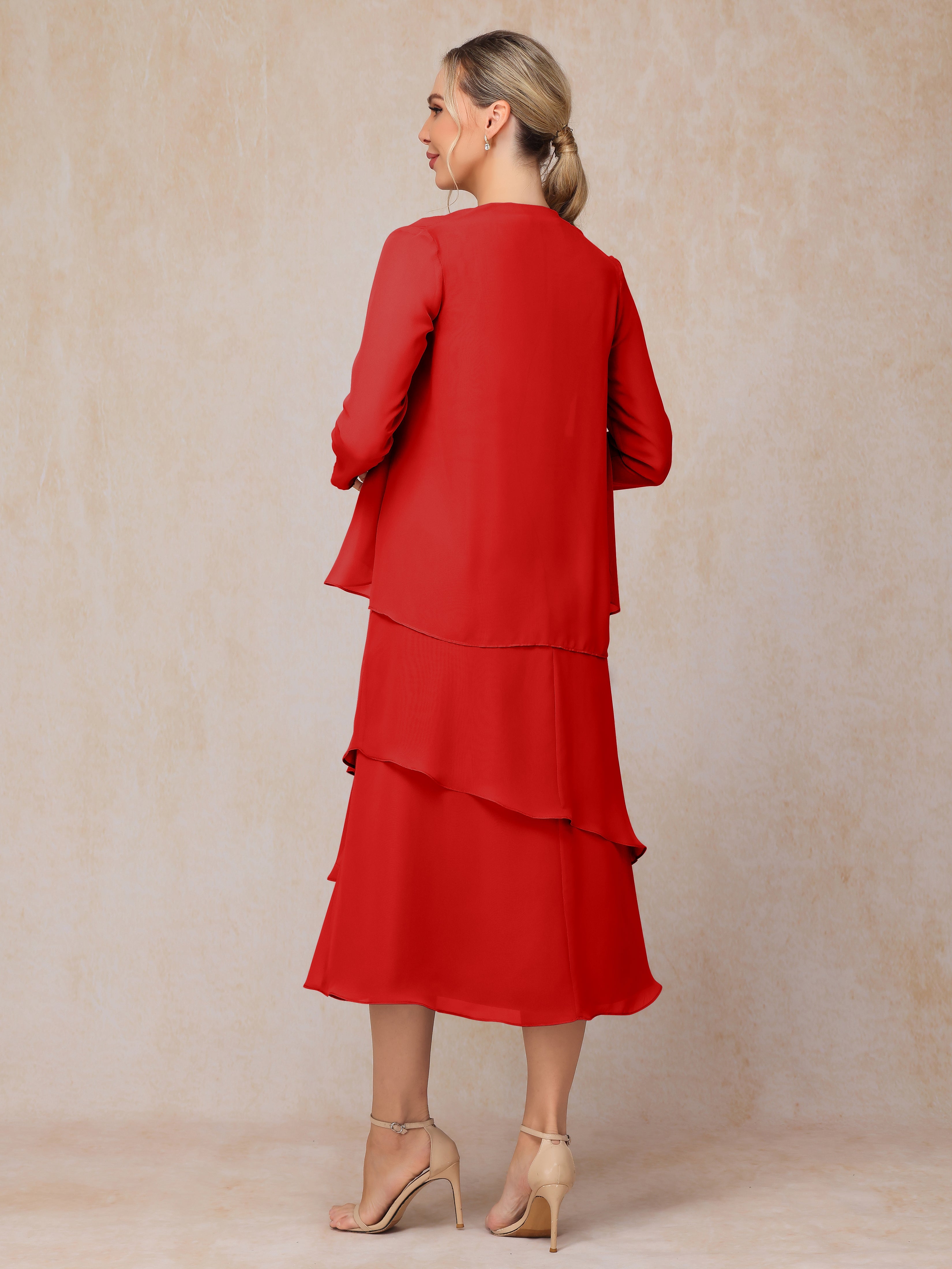 2 Pieces Tea Length Long Sleeves Chiffon Mother Of The Groom Dress