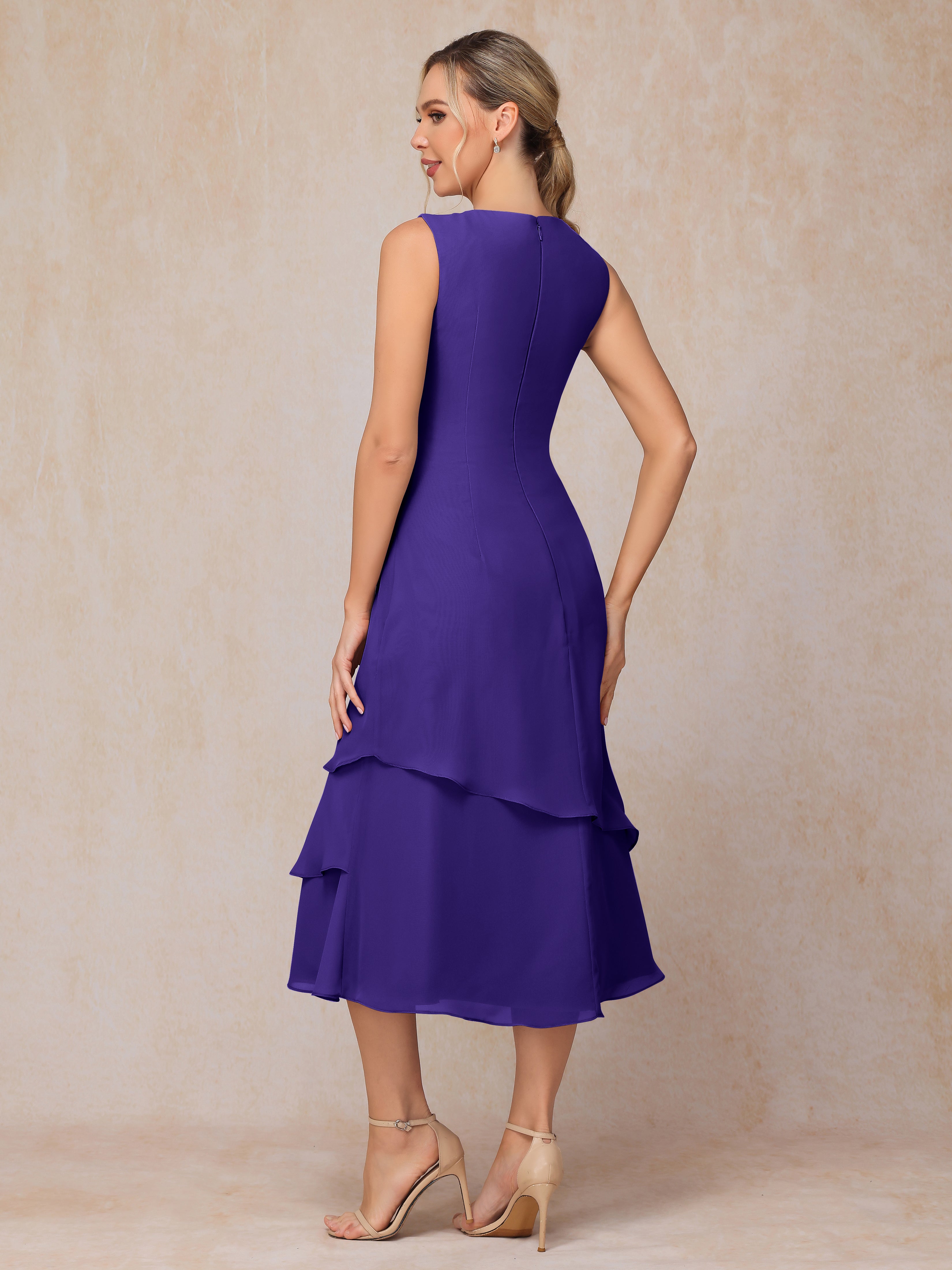 2 Pieces Tea Length Long Sleeves Chiffon Mother Of The Groom Dress