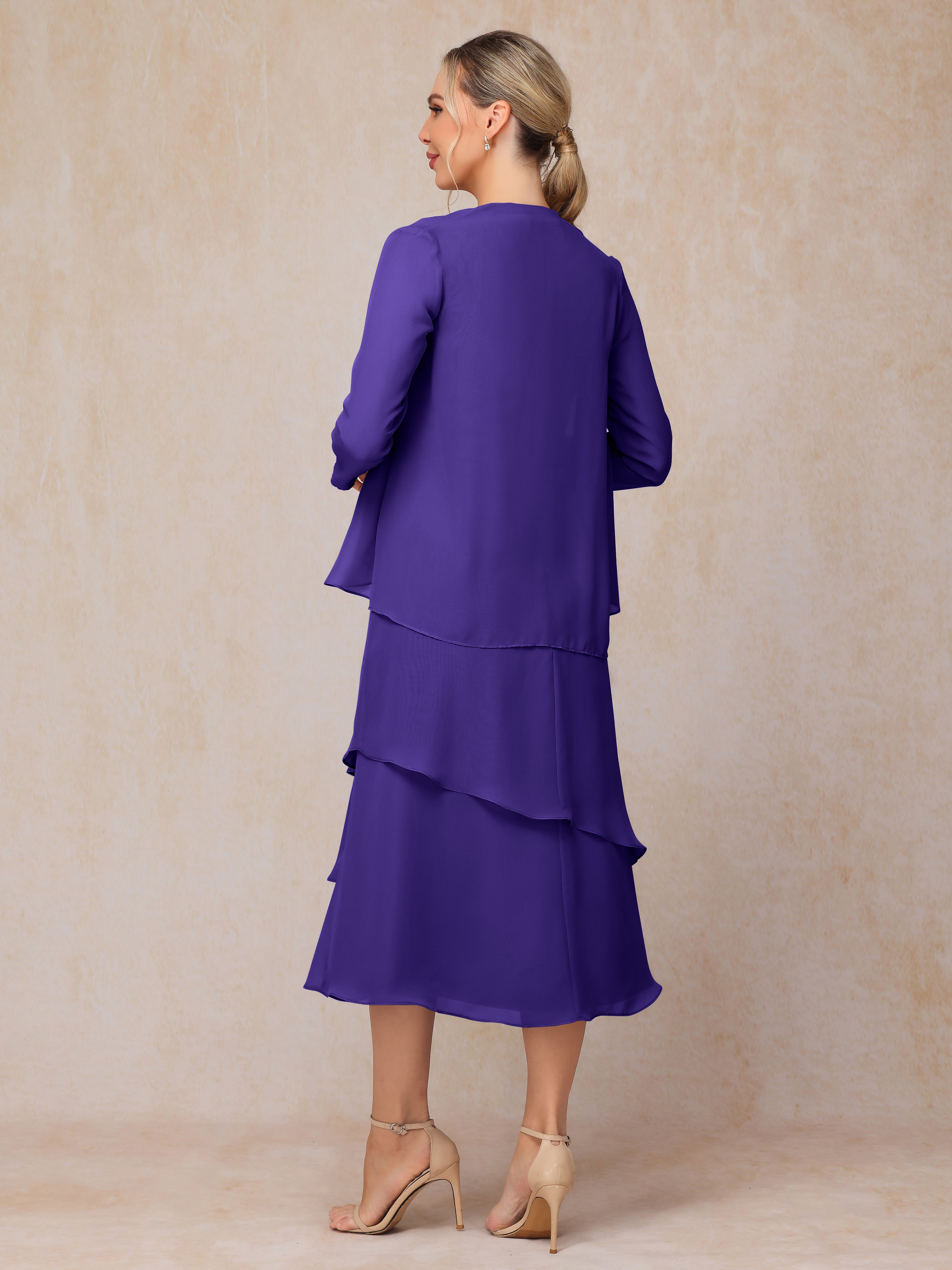 2 Pieces Tea Length Long Sleeves Chiffon Mother Of The Groom Dress