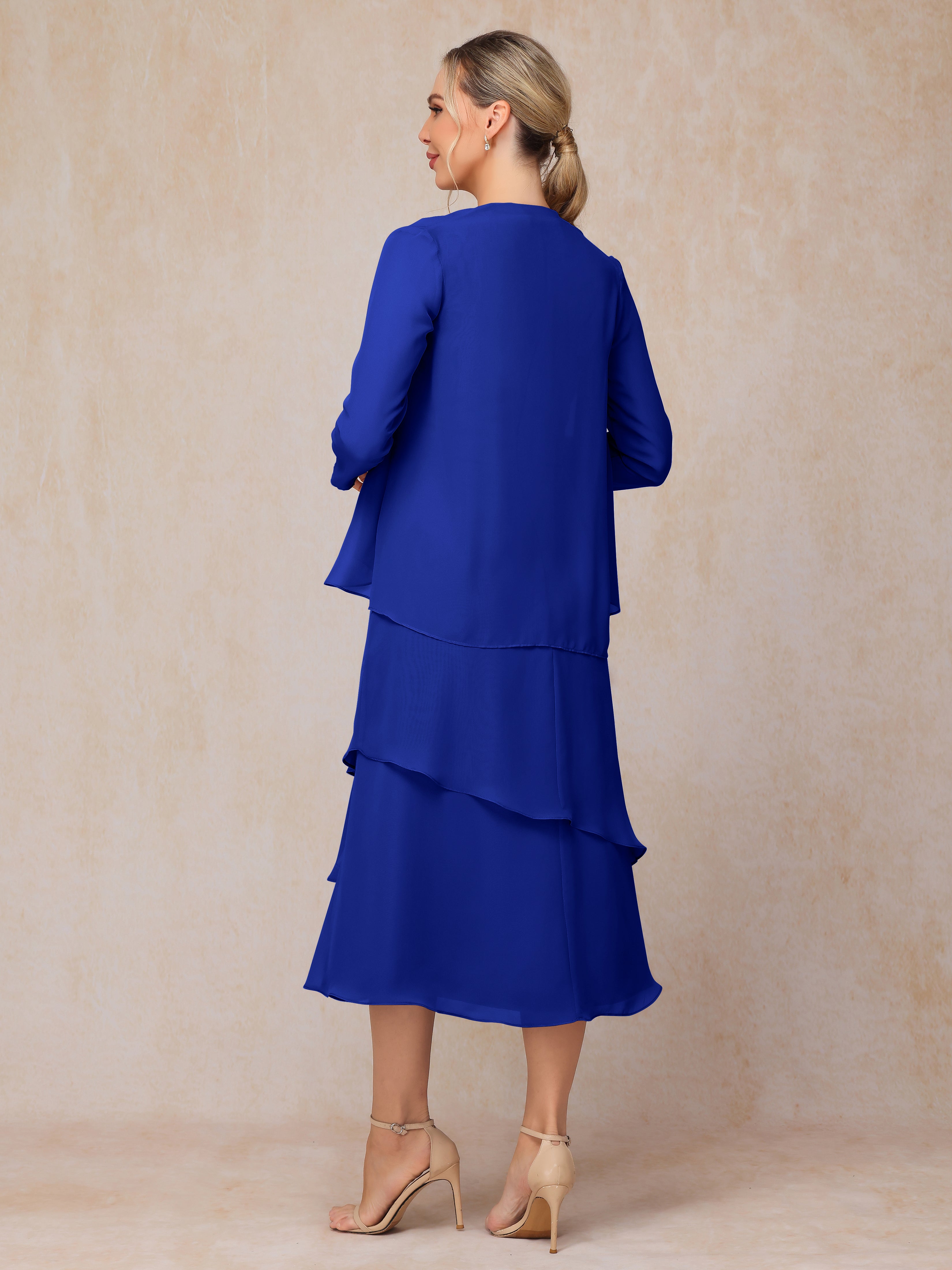 2 Pieces Tea Length Long Sleeves Chiffon Mother Of The Groom Dress