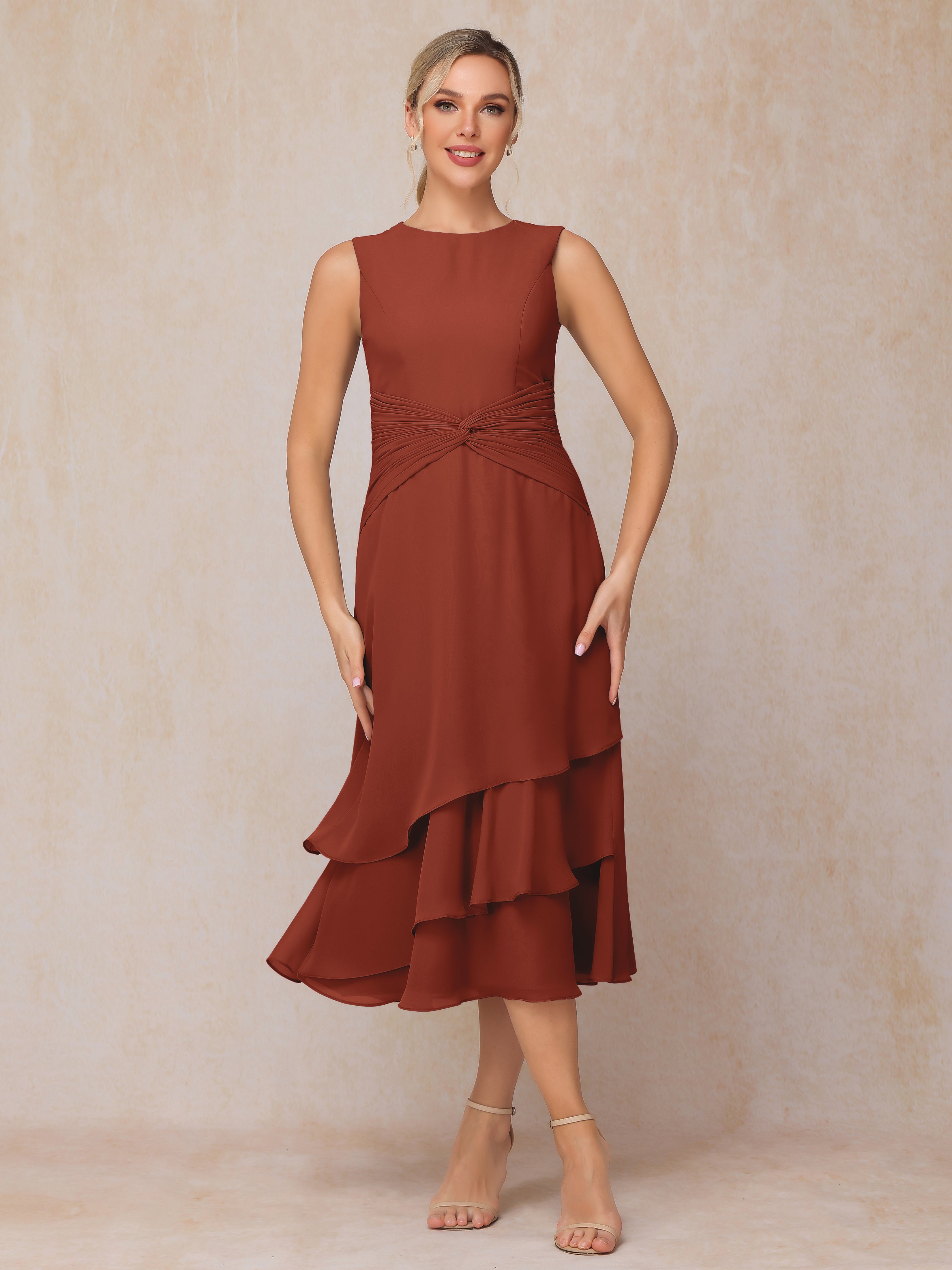 2 Pieces Tea Length Long Sleeves Chiffon Mother Of The Groom Dress