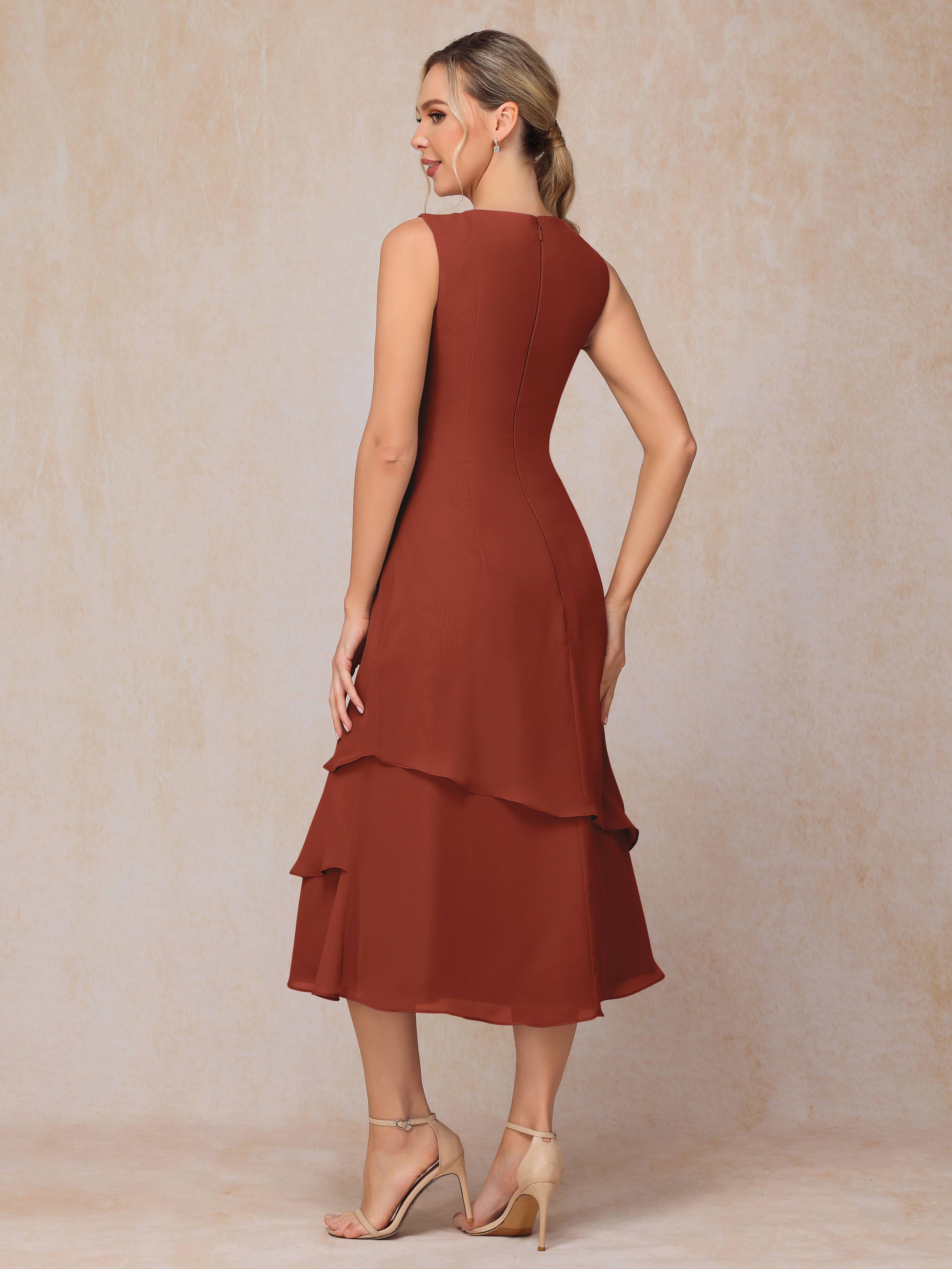 2 Pieces Tea Length Long Sleeves Chiffon Mother Of The Groom Dress