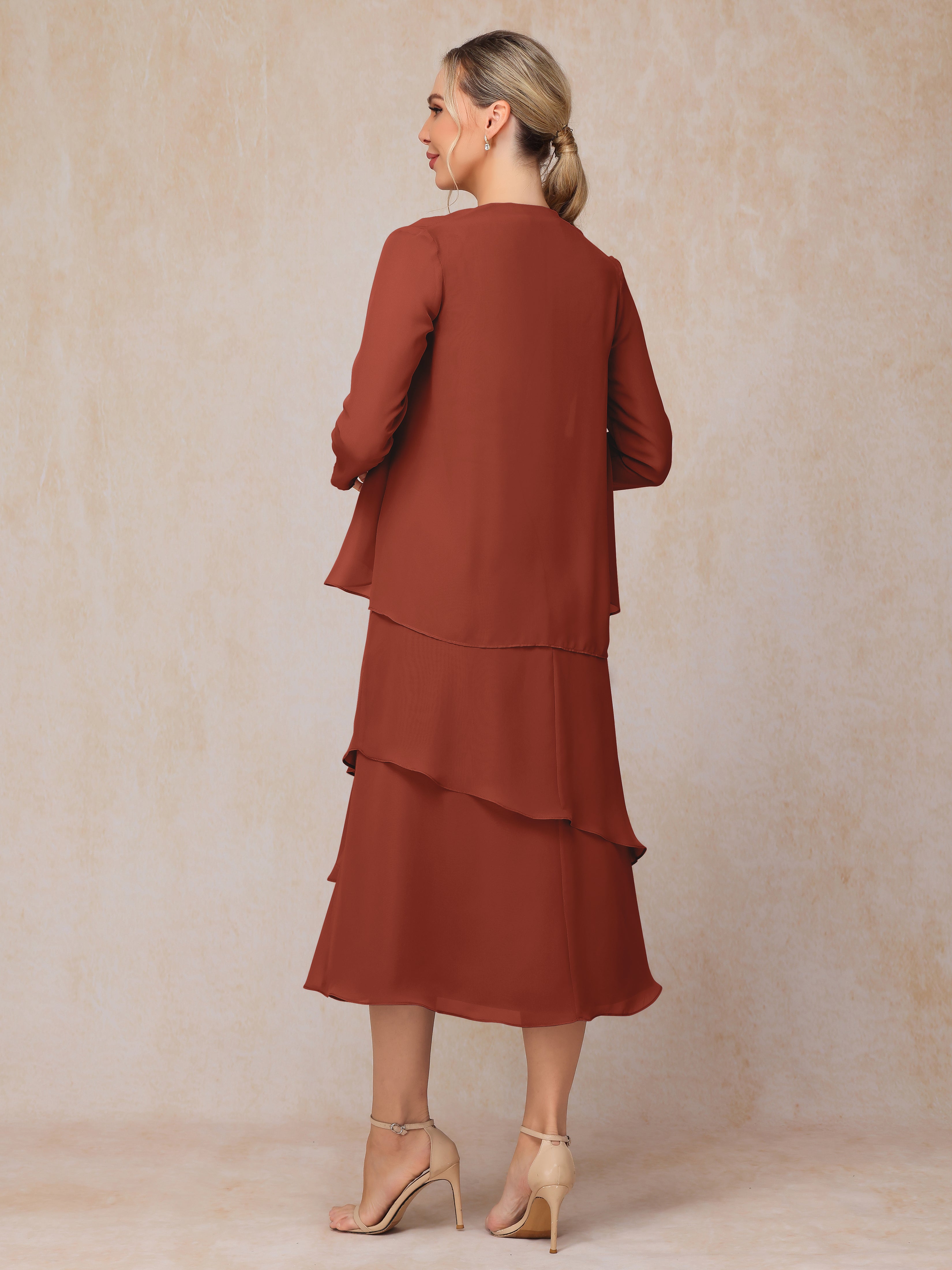 2 Pieces Tea Length Long Sleeves Chiffon Mother Of The Groom Dress