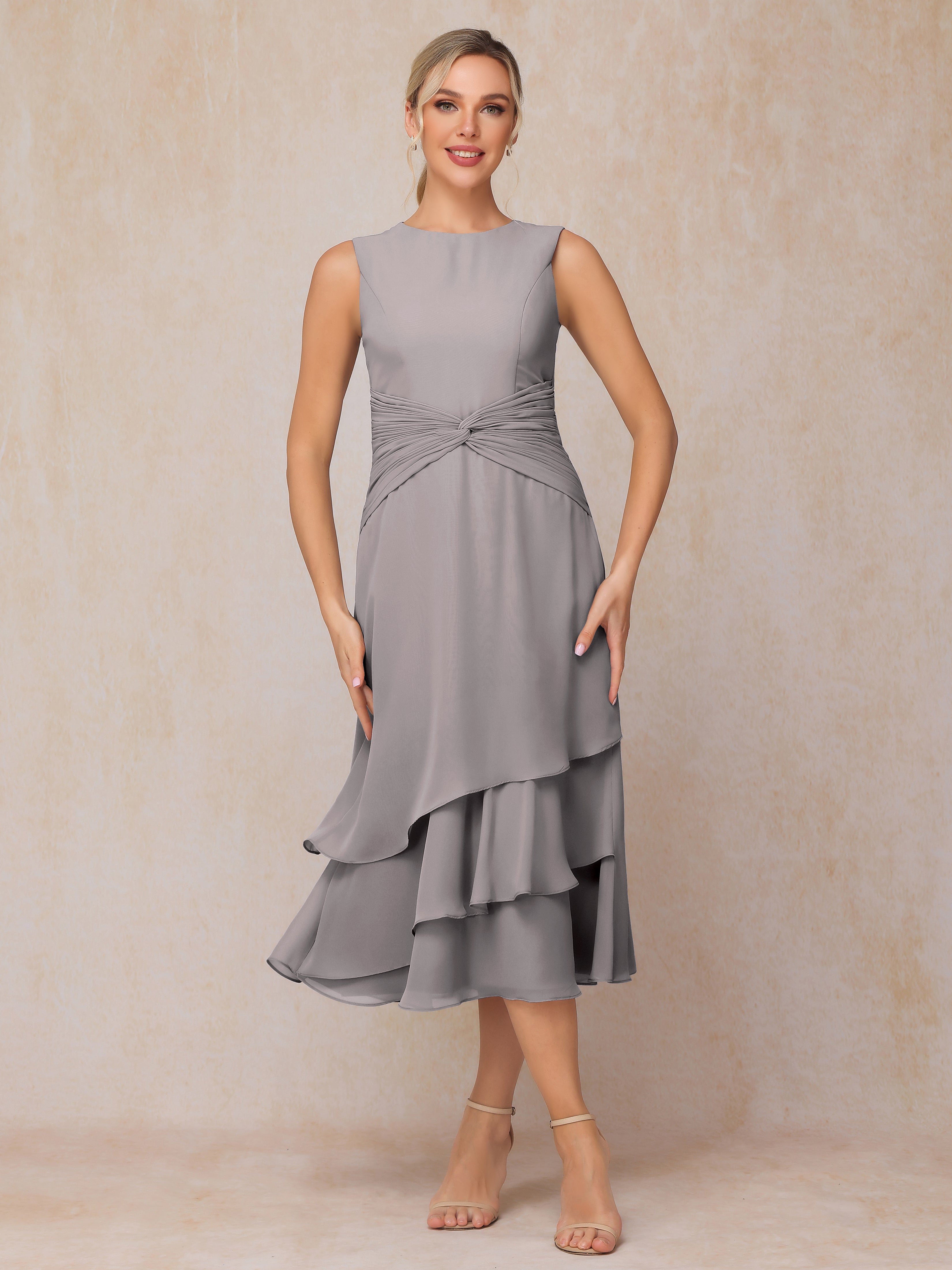 2 Pieces Tea Length Long Sleeves Chiffon Mother Of The Groom Dress