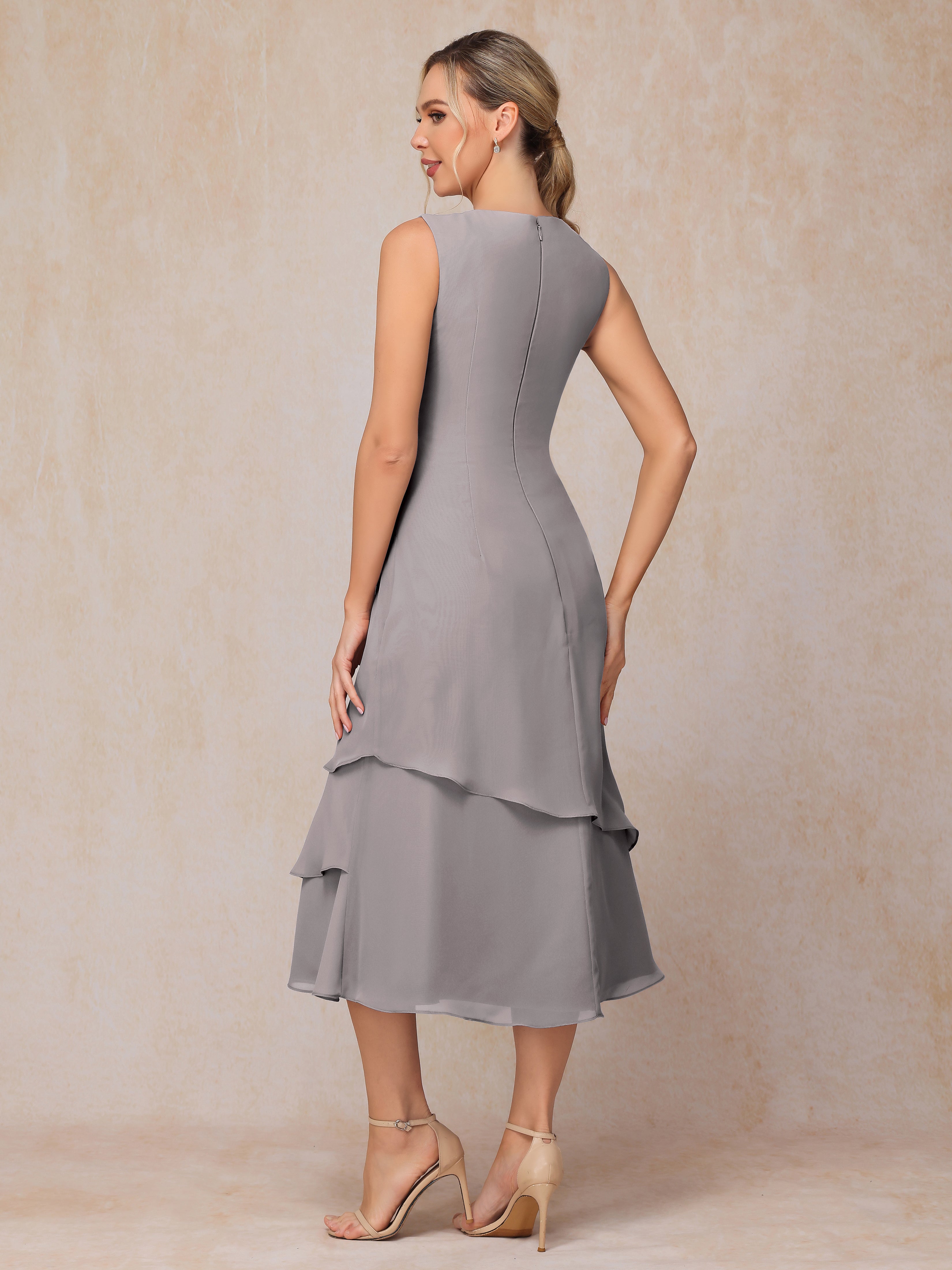 2 Pieces Tea Length Long Sleeves Chiffon Mother Of The Groom Dress