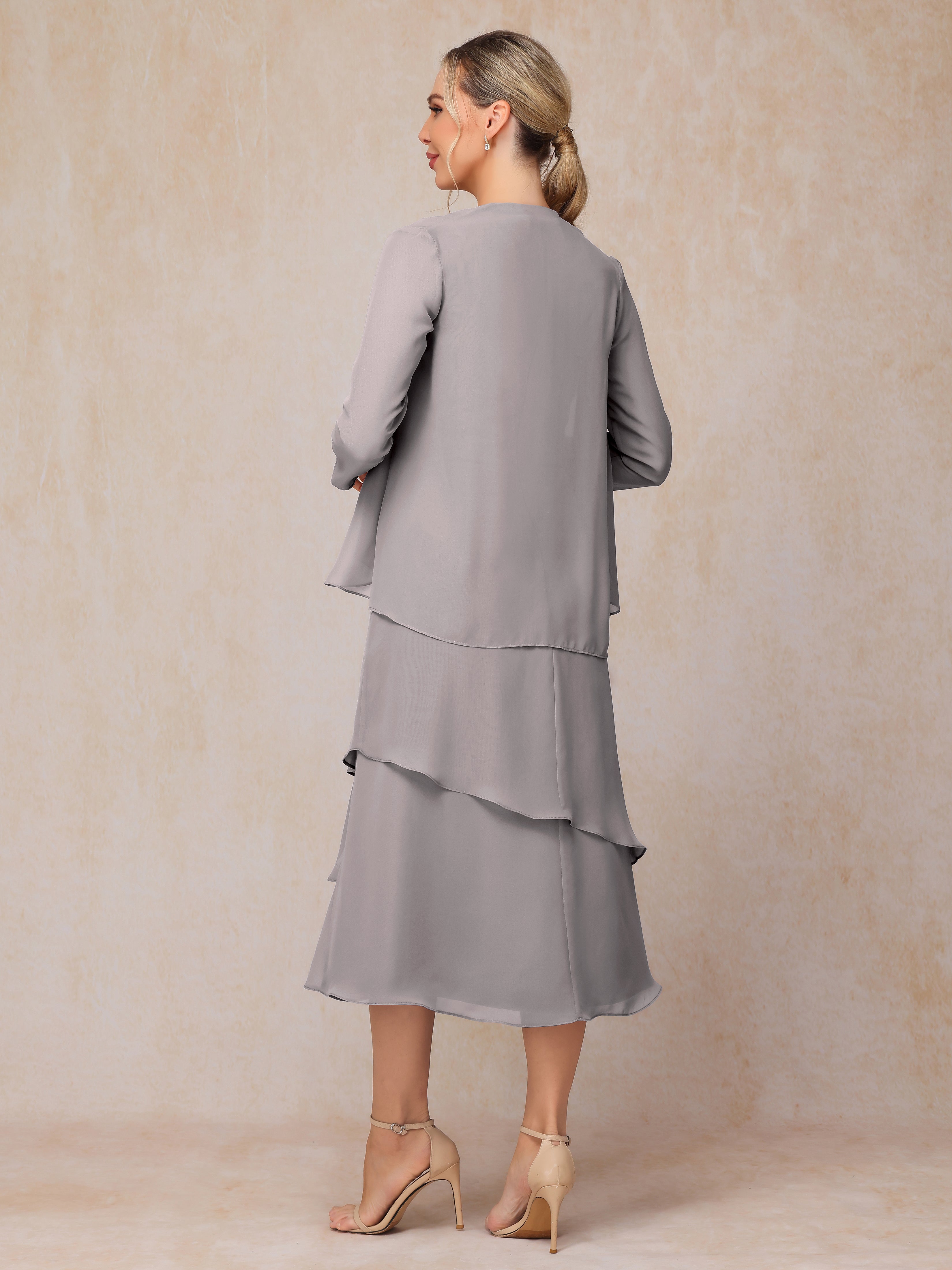 2 Pieces Tea Length Long Sleeves Chiffon Mother Of The Groom Dress