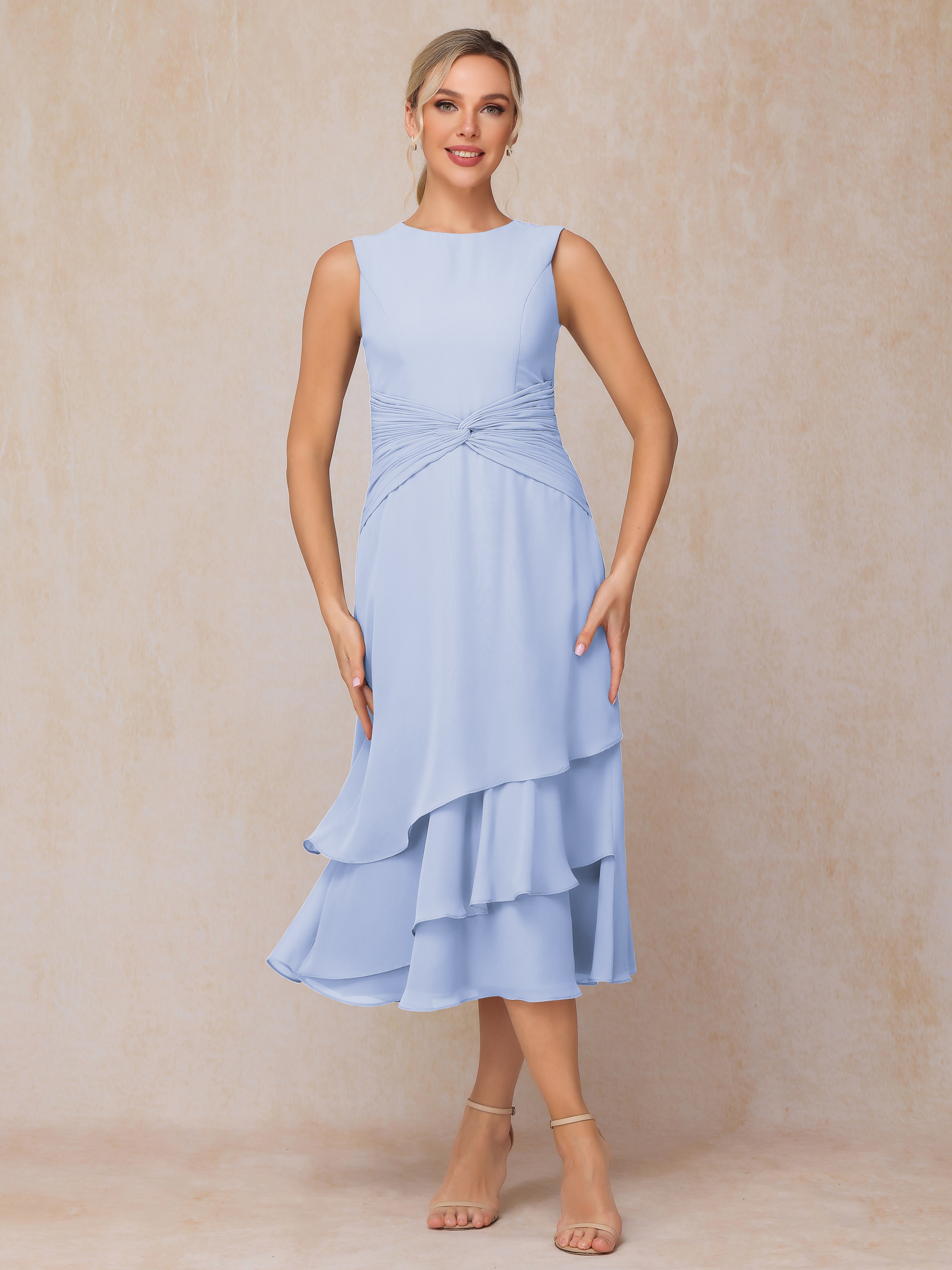 2 Pieces Tea Length Long Sleeves Chiffon Mother Of The Bride Dress
