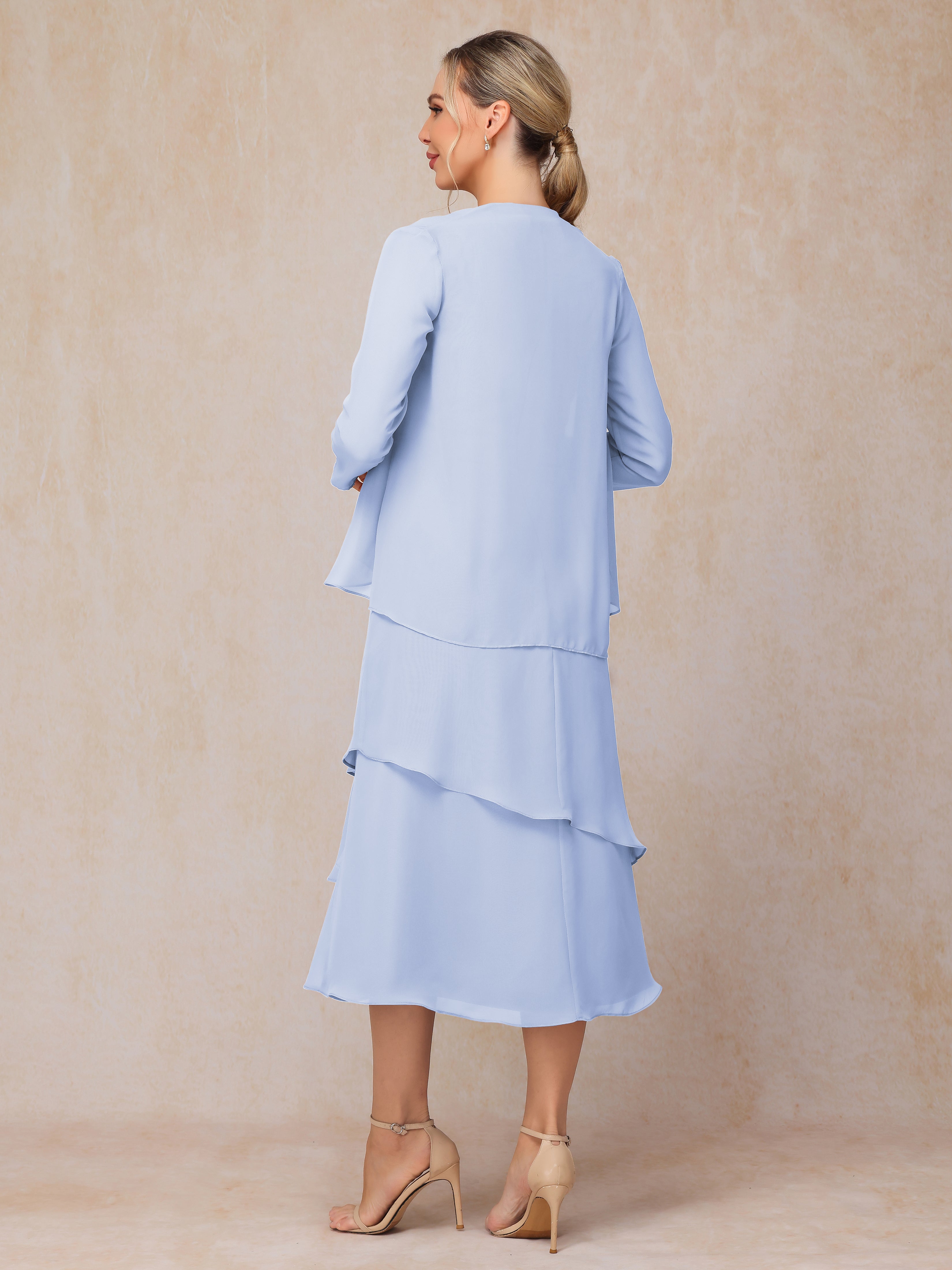 2 Pieces Tea Length Long Sleeves Chiffon Mother Of The Groom Dress