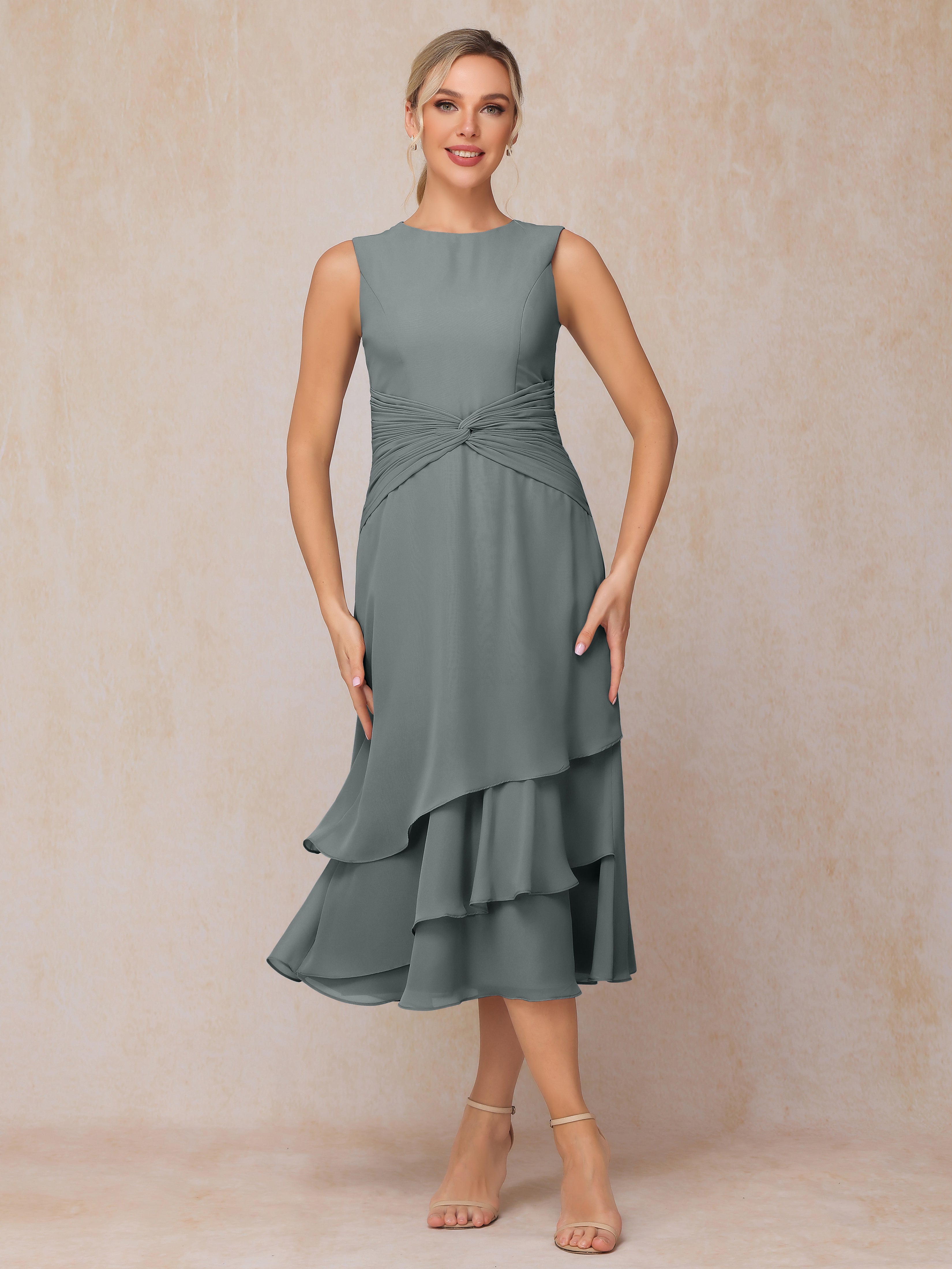2 Pieces Tea Length Long Sleeves Chiffon Mother Of The Bride Dress