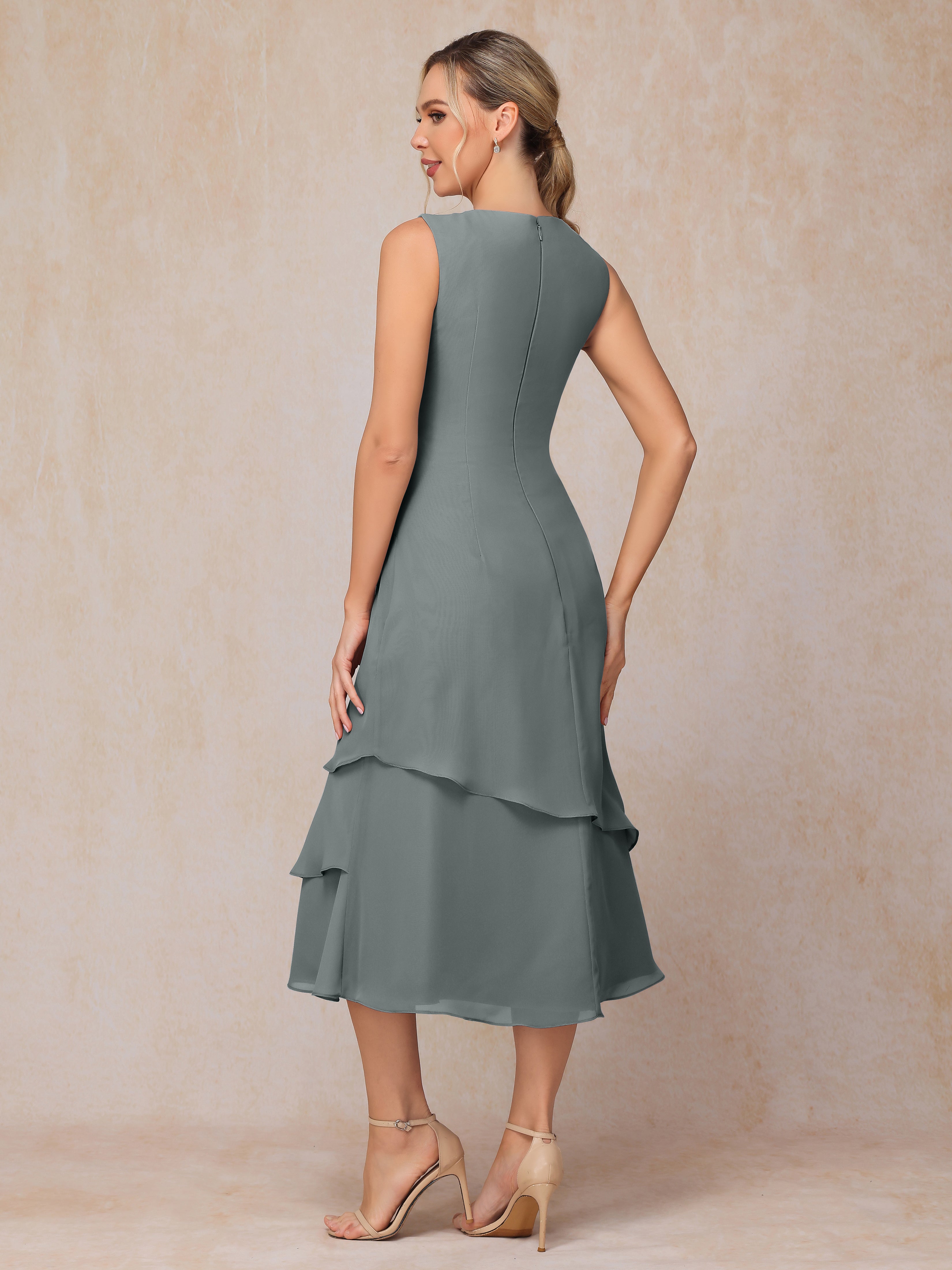 2 Pieces Tea Length Long Sleeves Chiffon Mother Of The Bride Dress