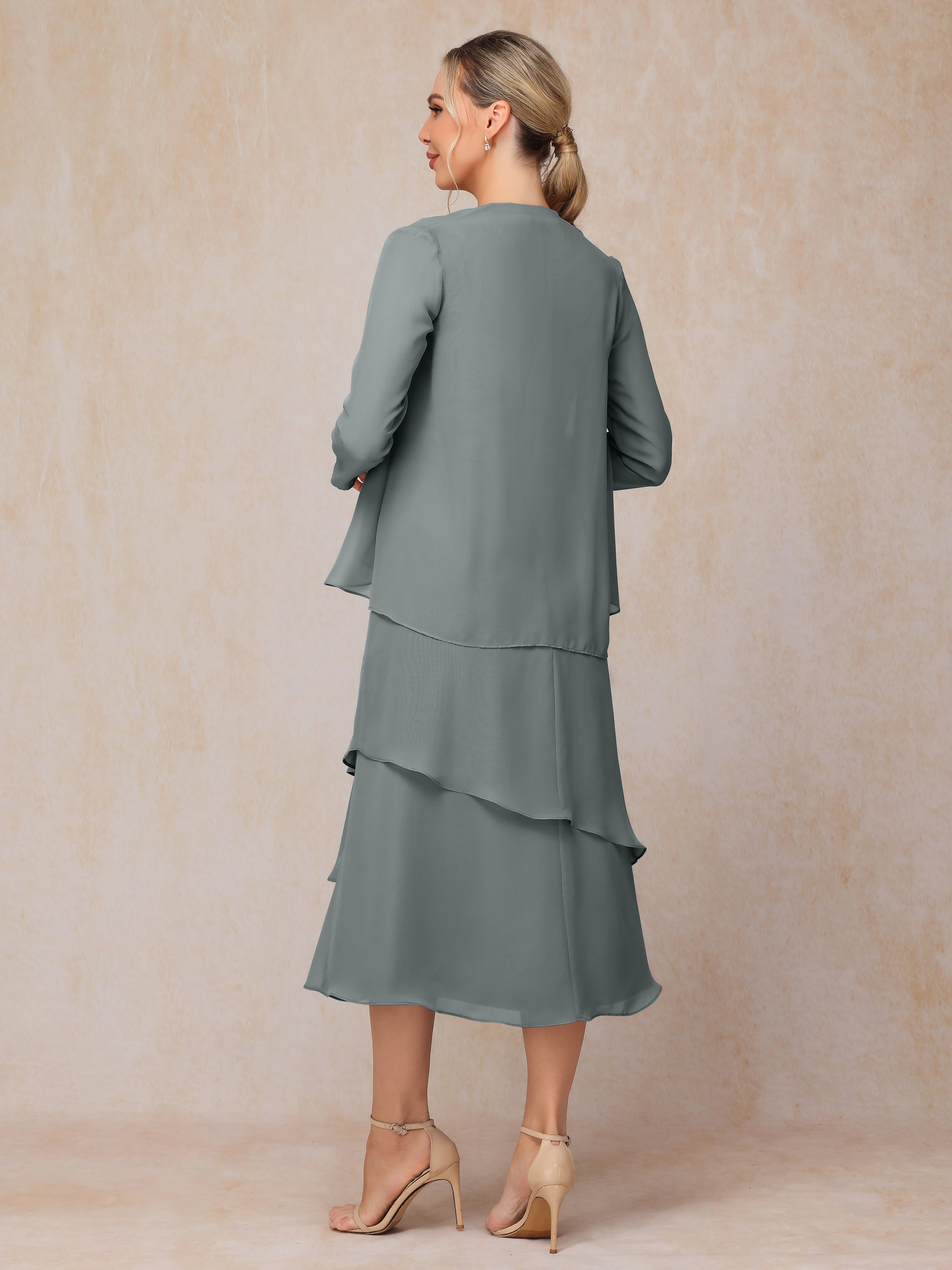 2 Pieces Tea Length Long Sleeves Chiffon Mother Of The Groom Dress