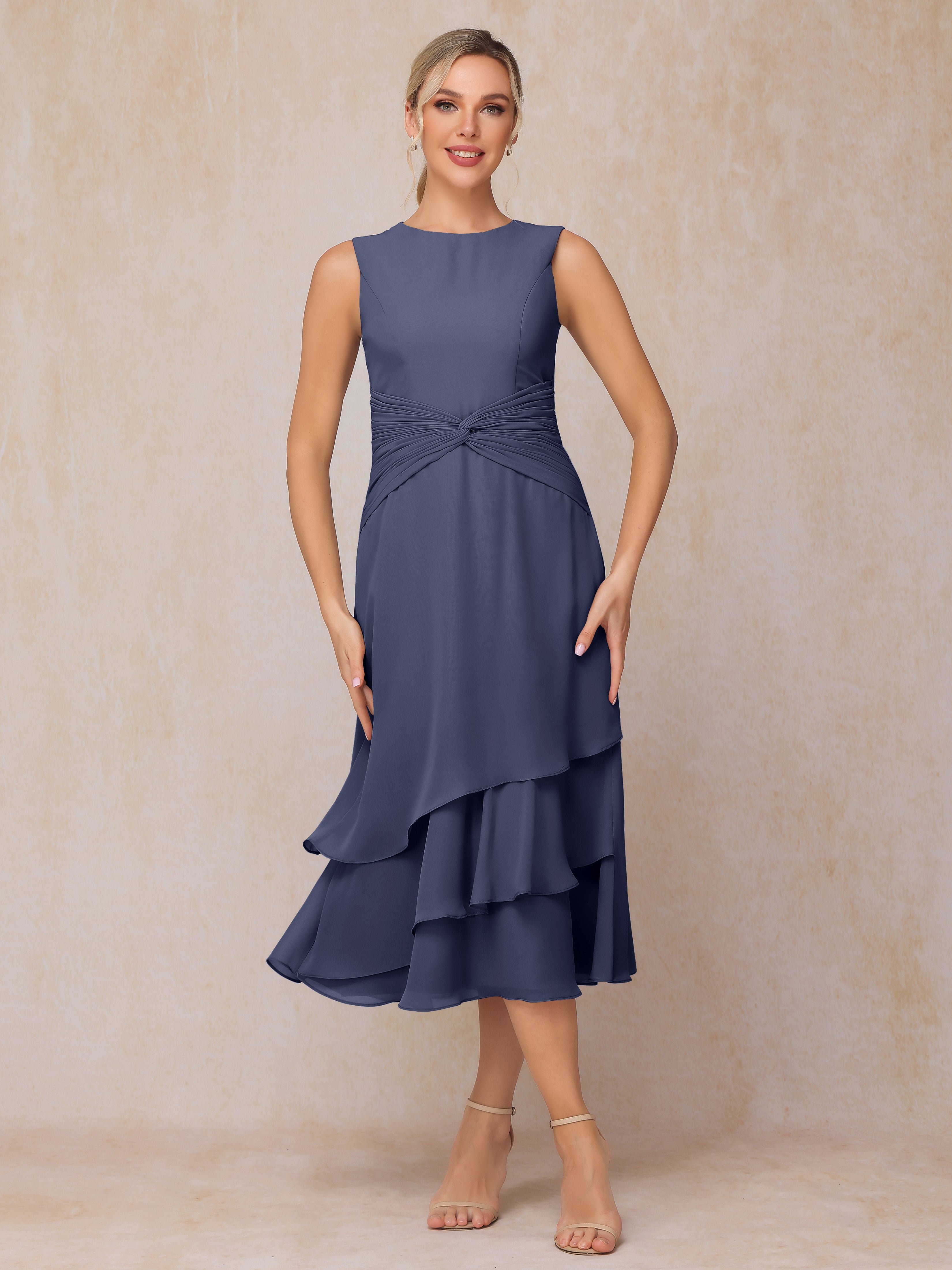 2 Pieces Tea Length Long Sleeves Chiffon Mother Of The Groom Dress