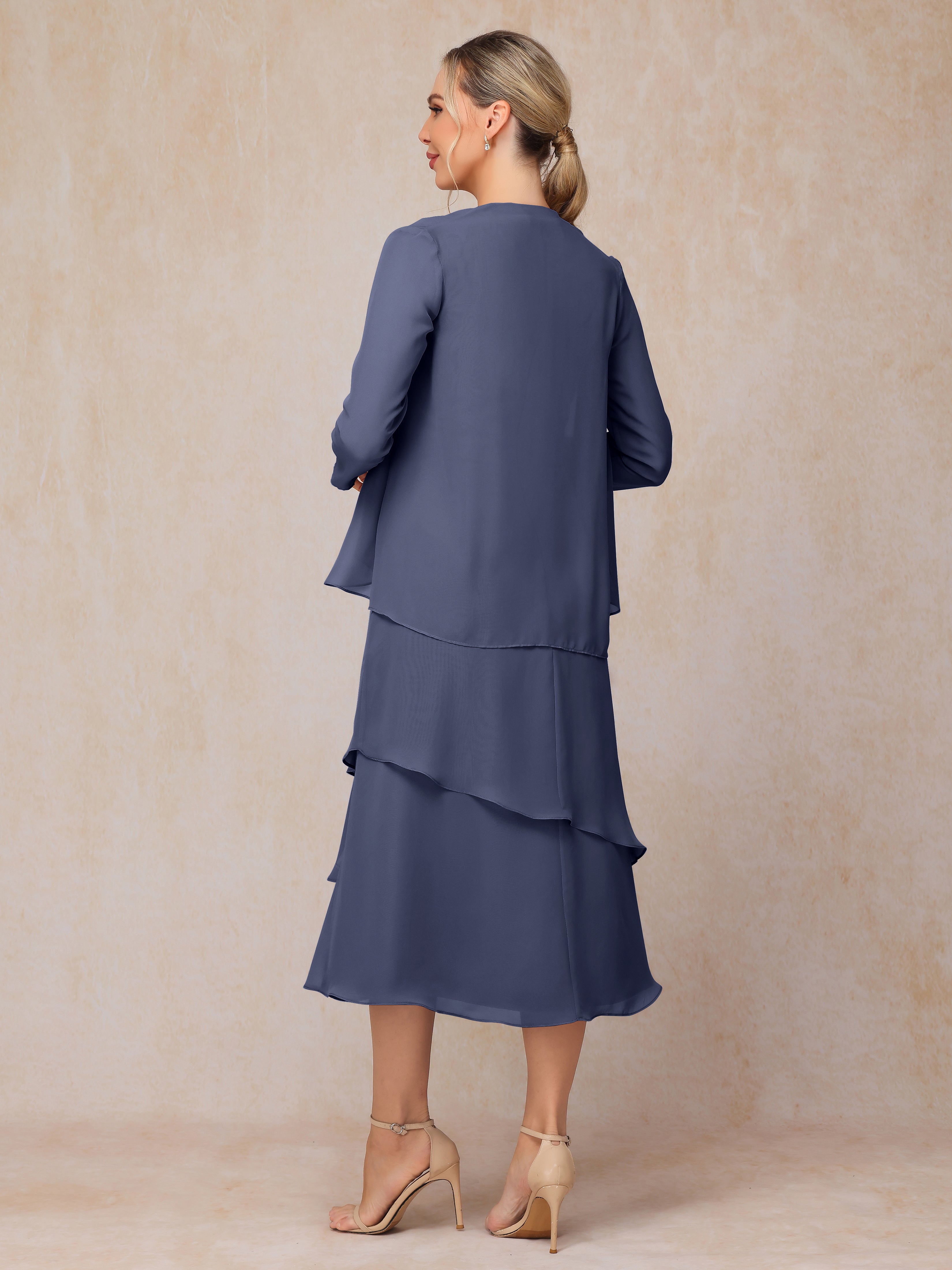 2 Pieces Tea Length Long Sleeves Chiffon Mother Of The Bride Dress