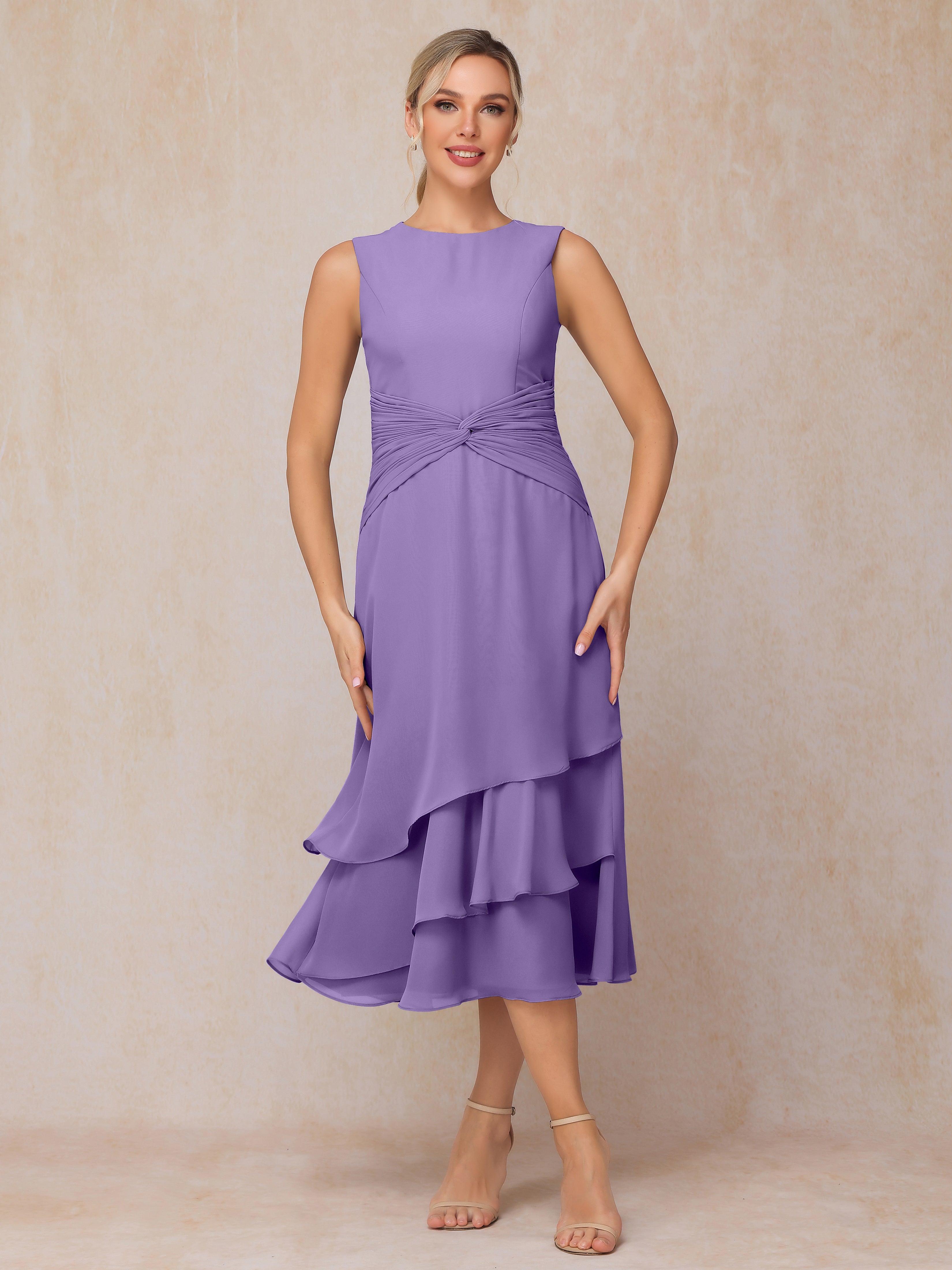 2 Pieces Tea Length Long Sleeves Chiffon Mother Of The Groom Dress