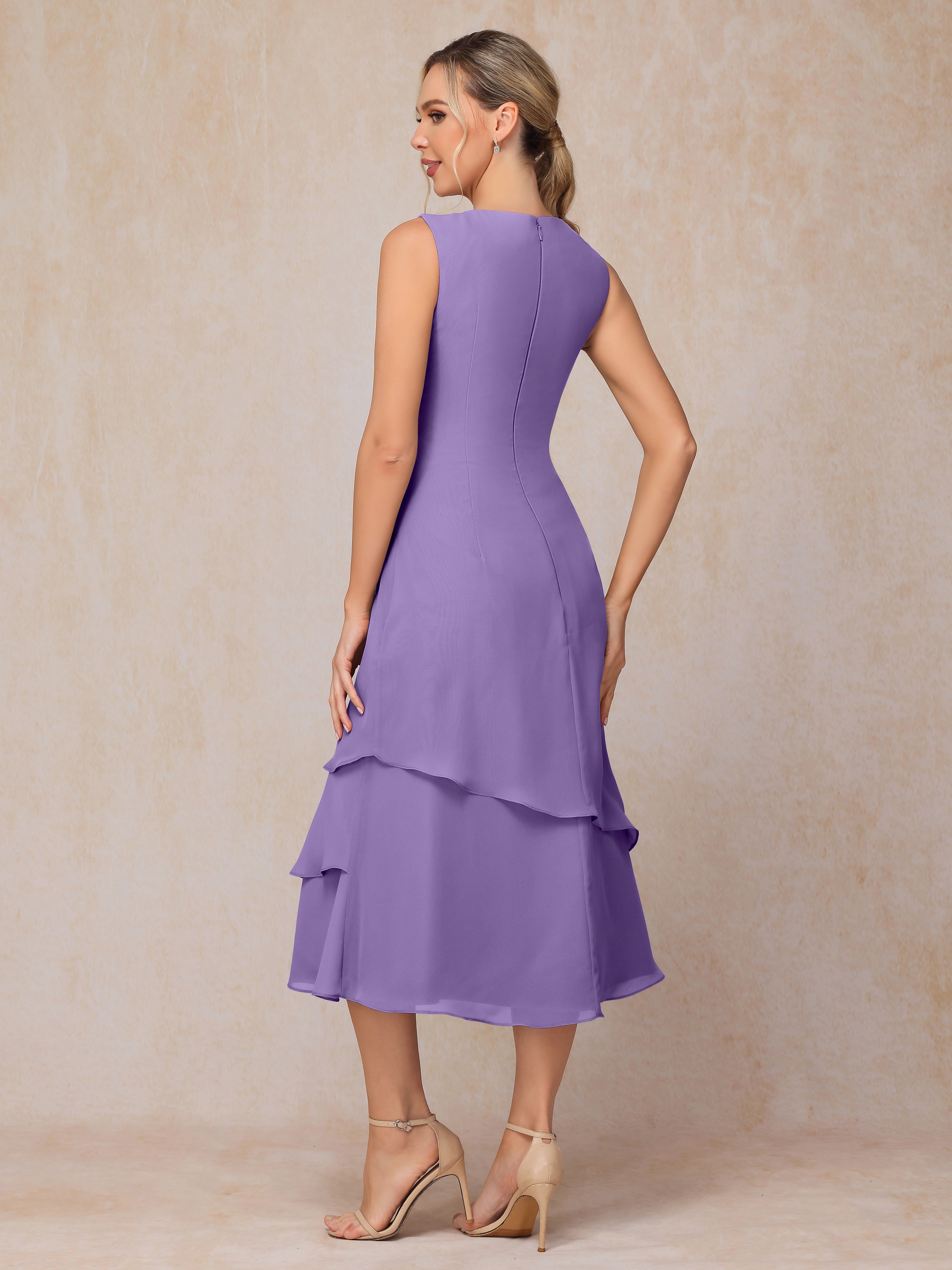 2 Pieces Tea Length Long Sleeves Chiffon Mother Of The Groom Dress