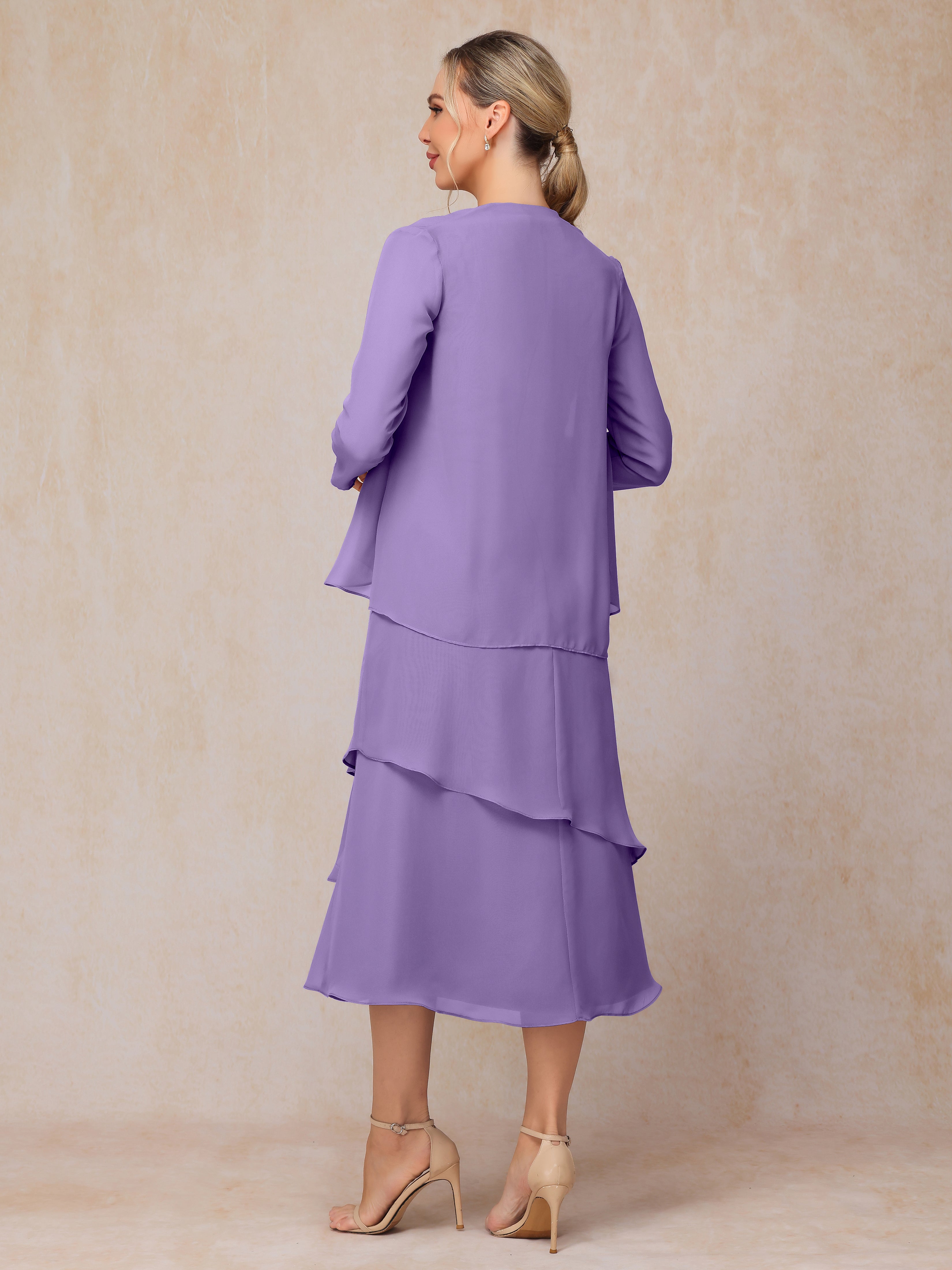 2 Pieces Tea Length Long Sleeves Chiffon Mother Of The Bride Dress