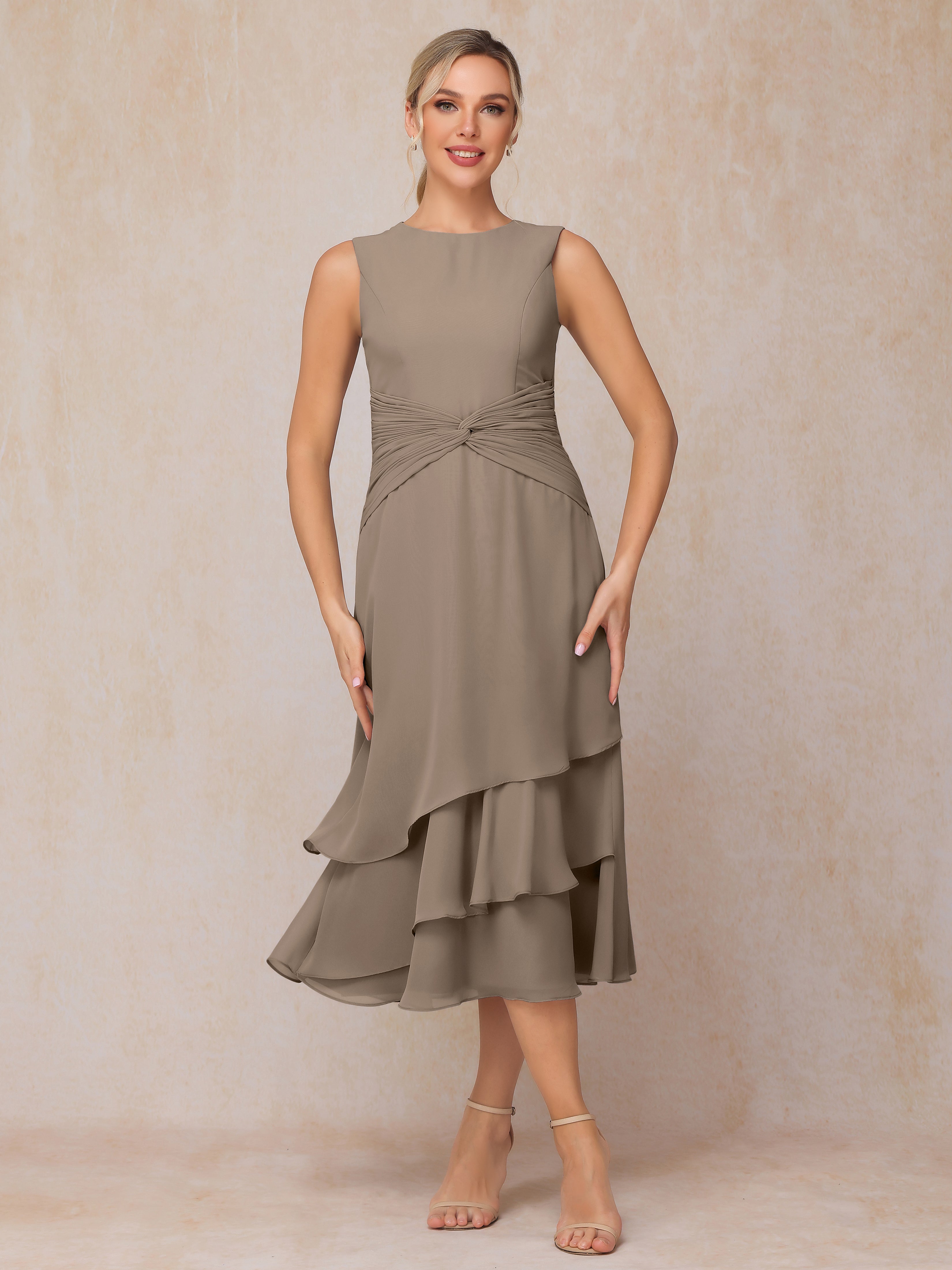 2 Pieces Tea Length Long Sleeves Chiffon Mother Of The Bride Dress