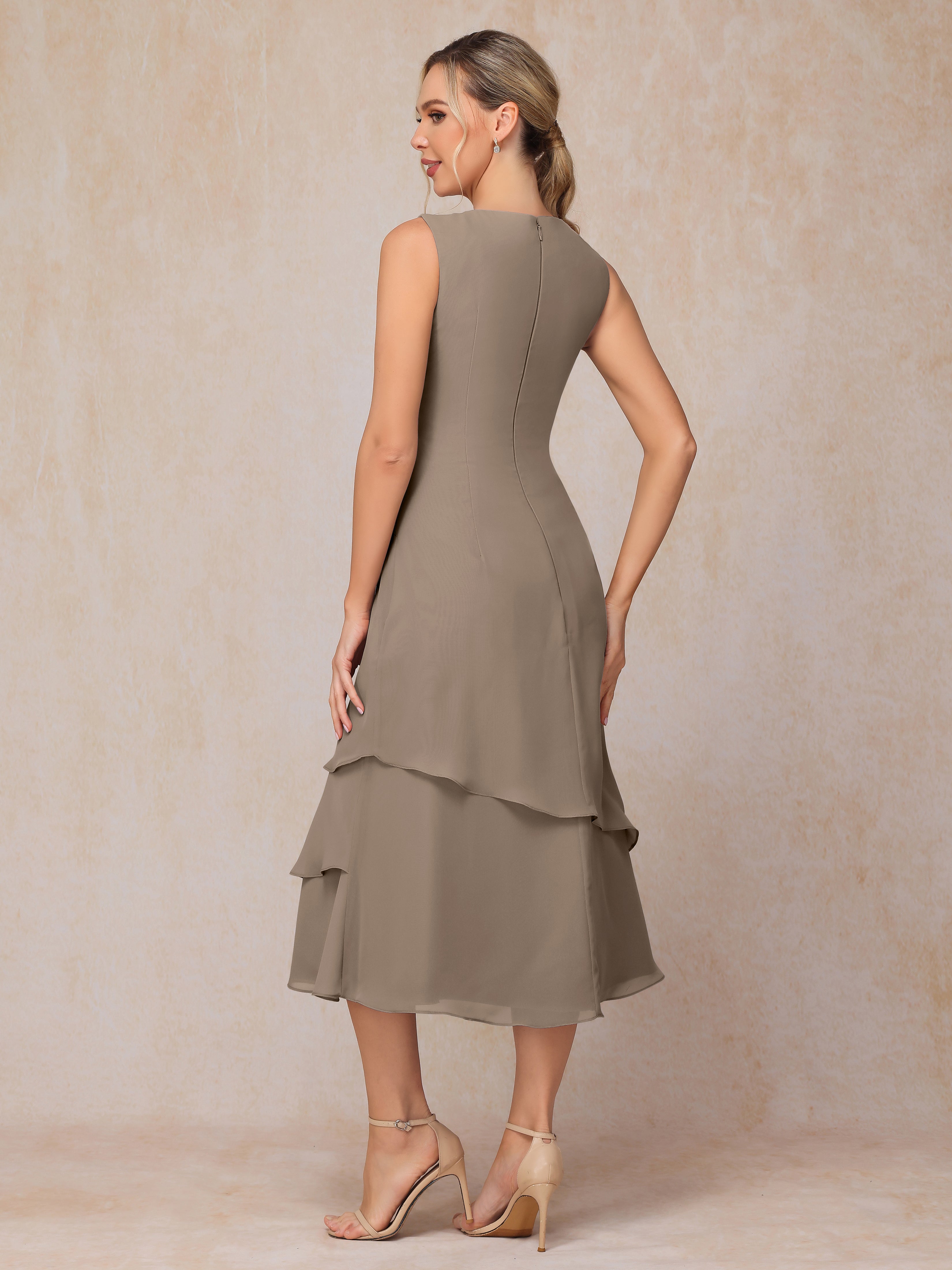 2 Pieces Tea Length Long Sleeves Chiffon Mother Of The Groom Dress