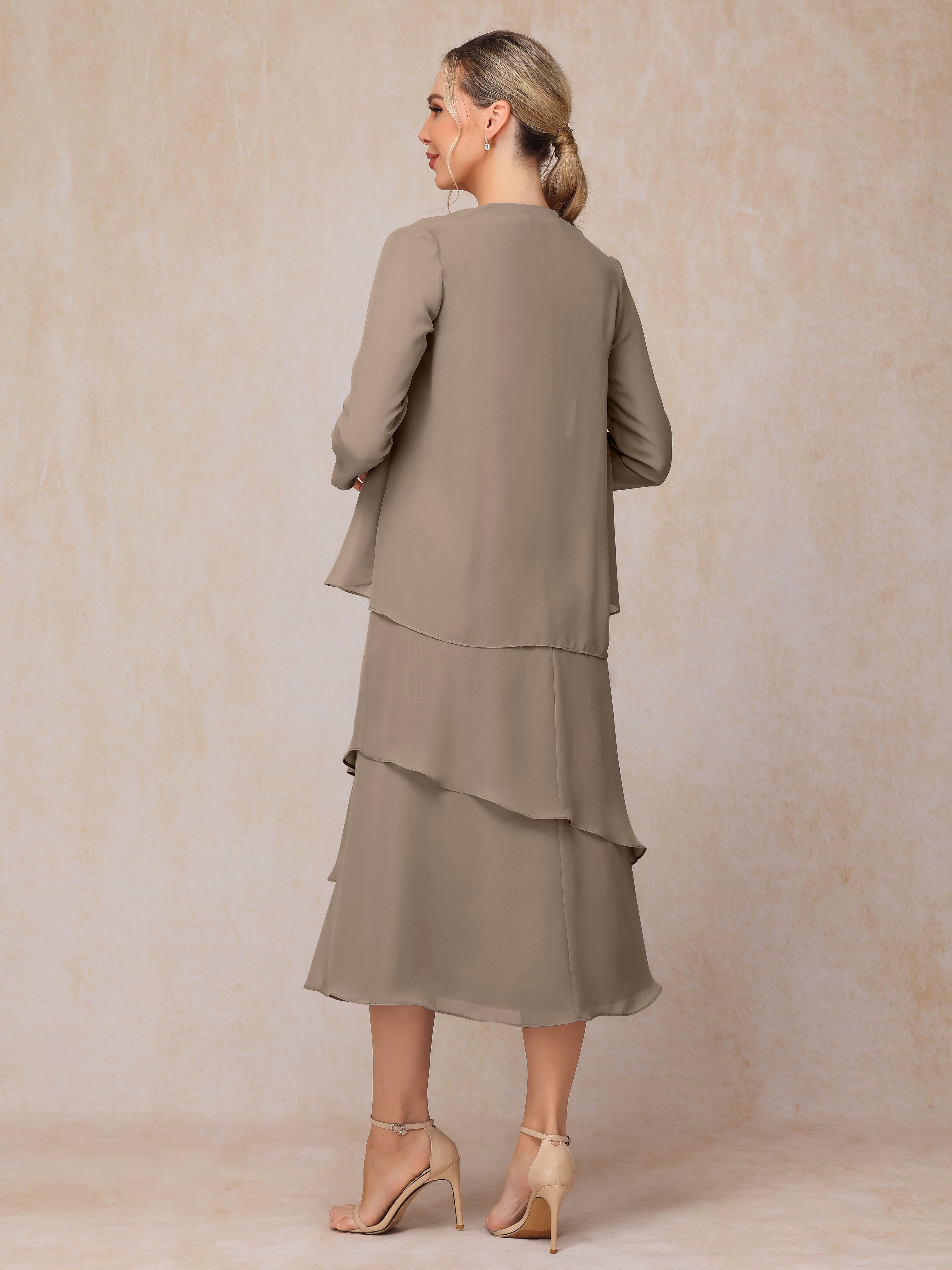 2 Pieces Tea Length Long Sleeves Chiffon Mother Of The Bride Dress