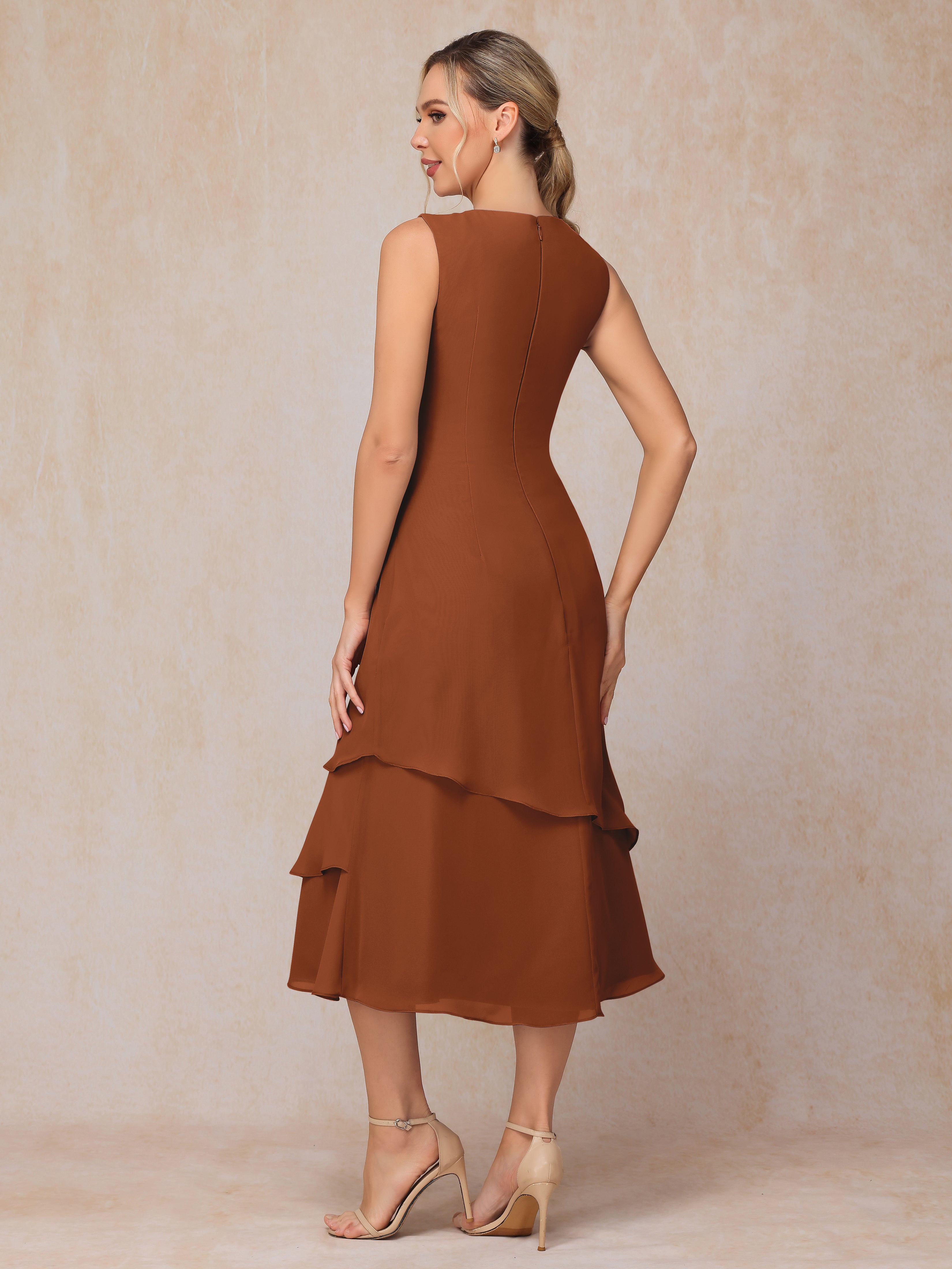 2 Pieces Tea Length Long Sleeves Chiffon Mother Of The Groom Dress