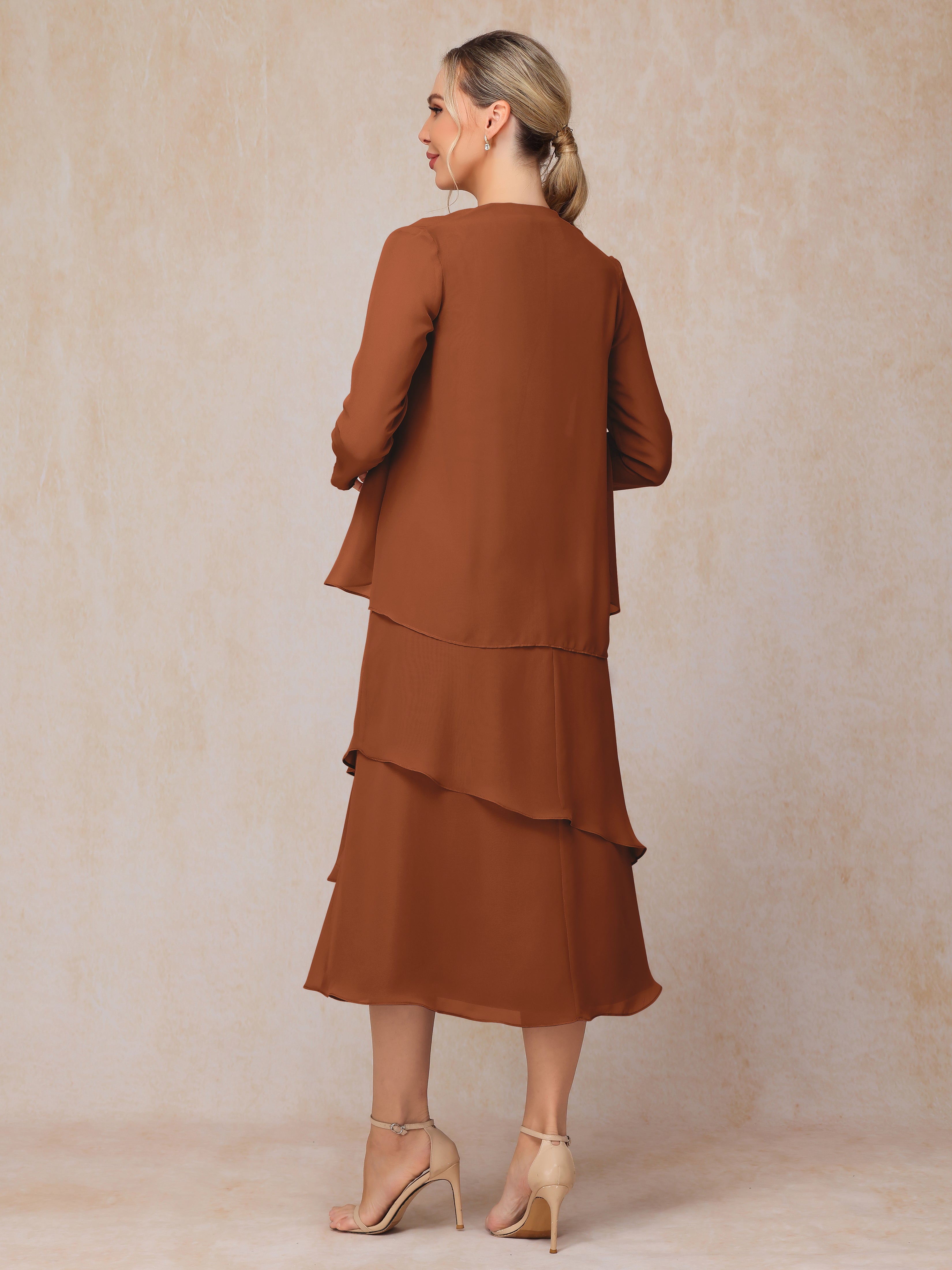 2 Pieces Tea Length Long Sleeves Chiffon Mother Of The Groom Dress