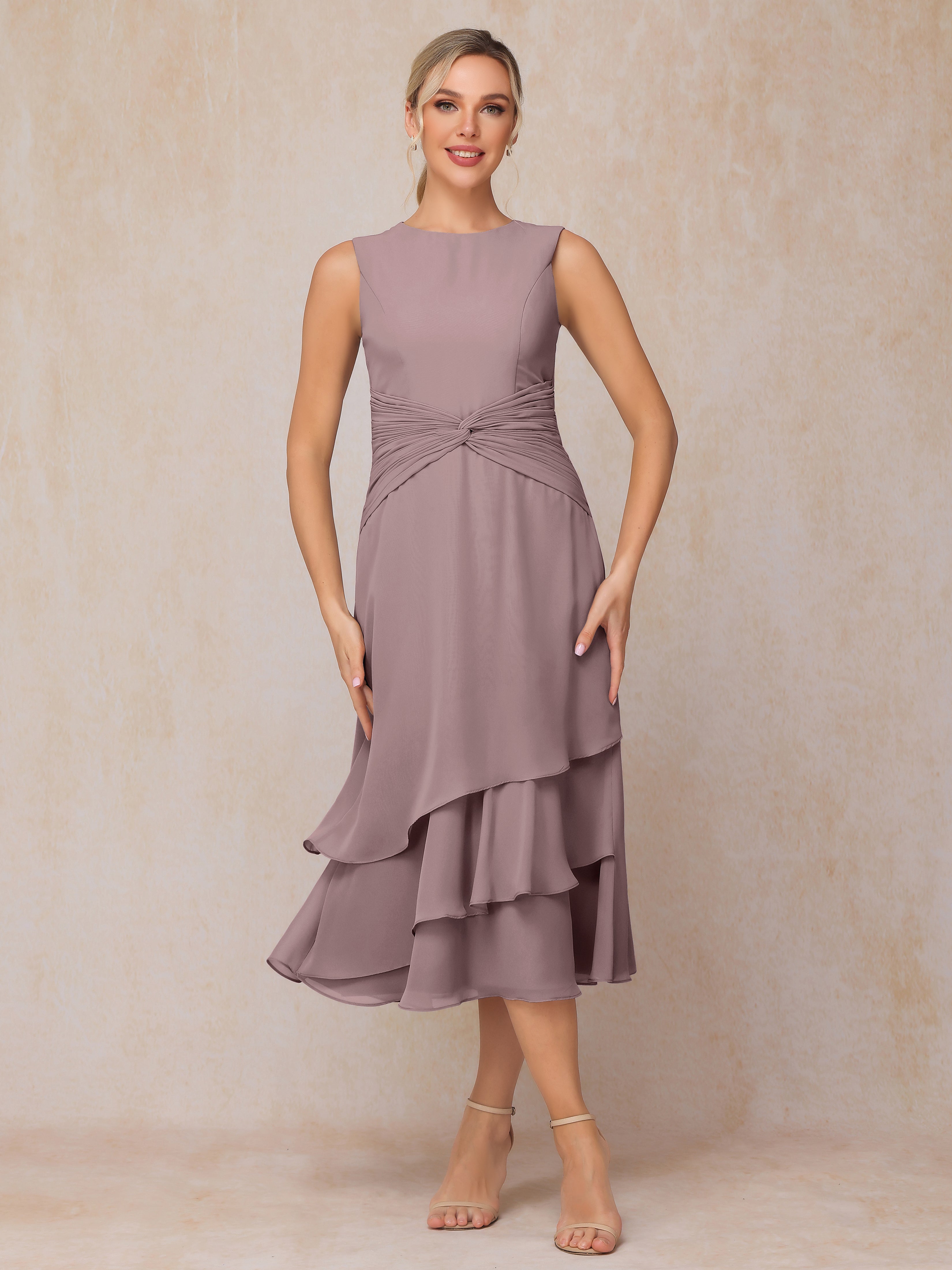 2 Pieces Tea Length Long Sleeves Chiffon Mother Of The Groom Dress