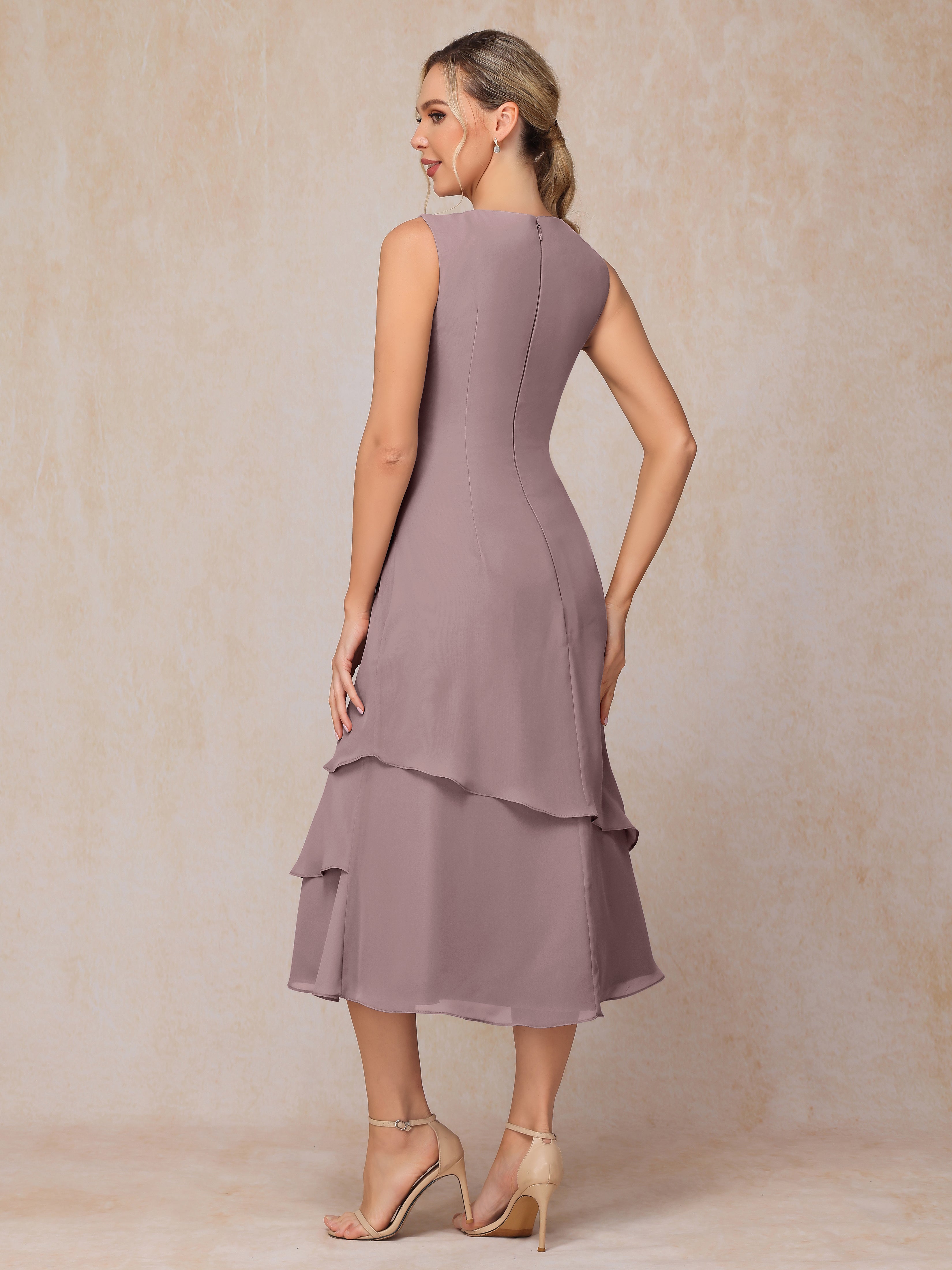 2 Pieces Tea Length Long Sleeves Chiffon Mother Of The Groom Dress