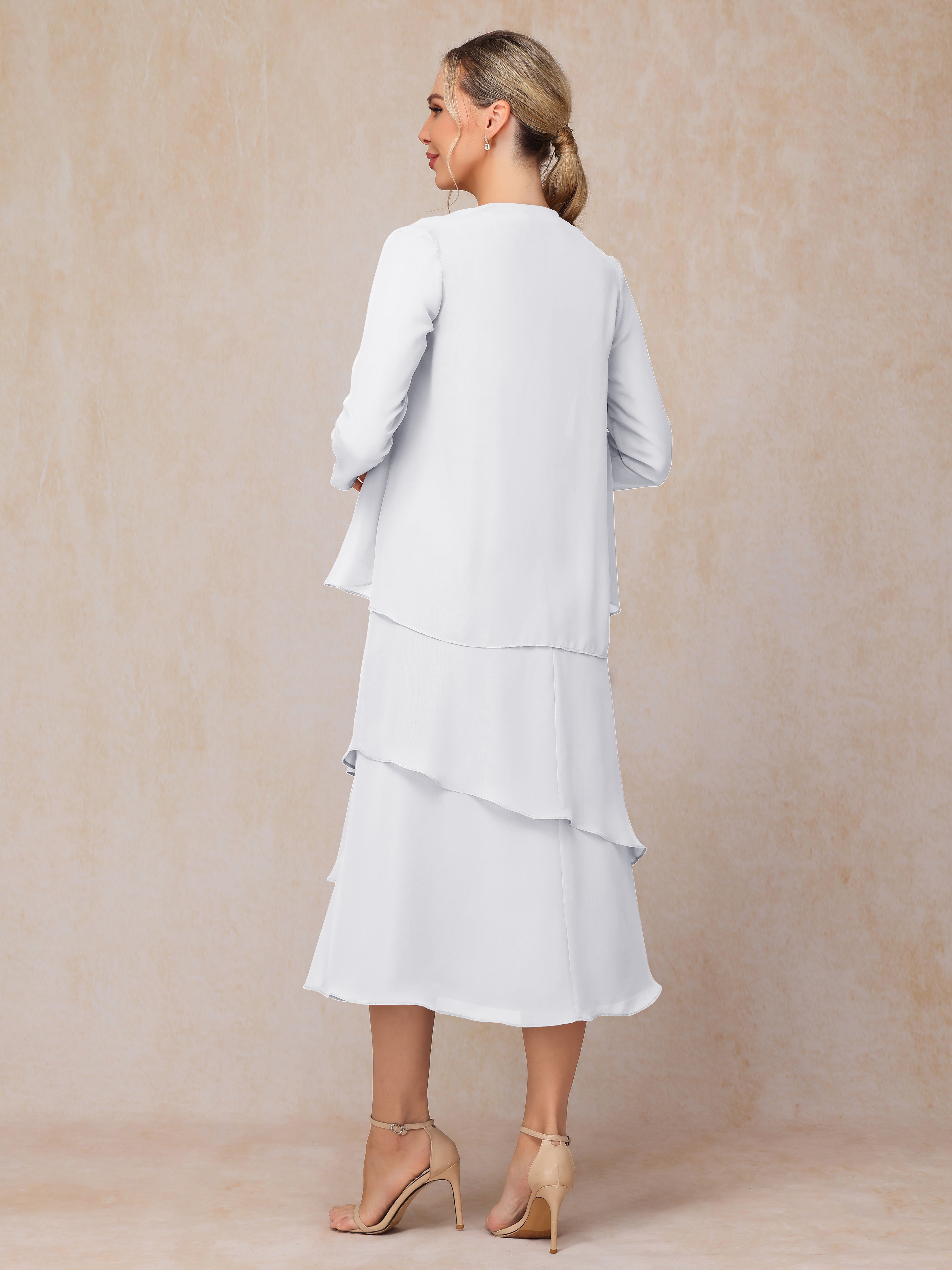 2 Pieces Tea Length Long Sleeves Chiffon Mother Of The Groom Dress