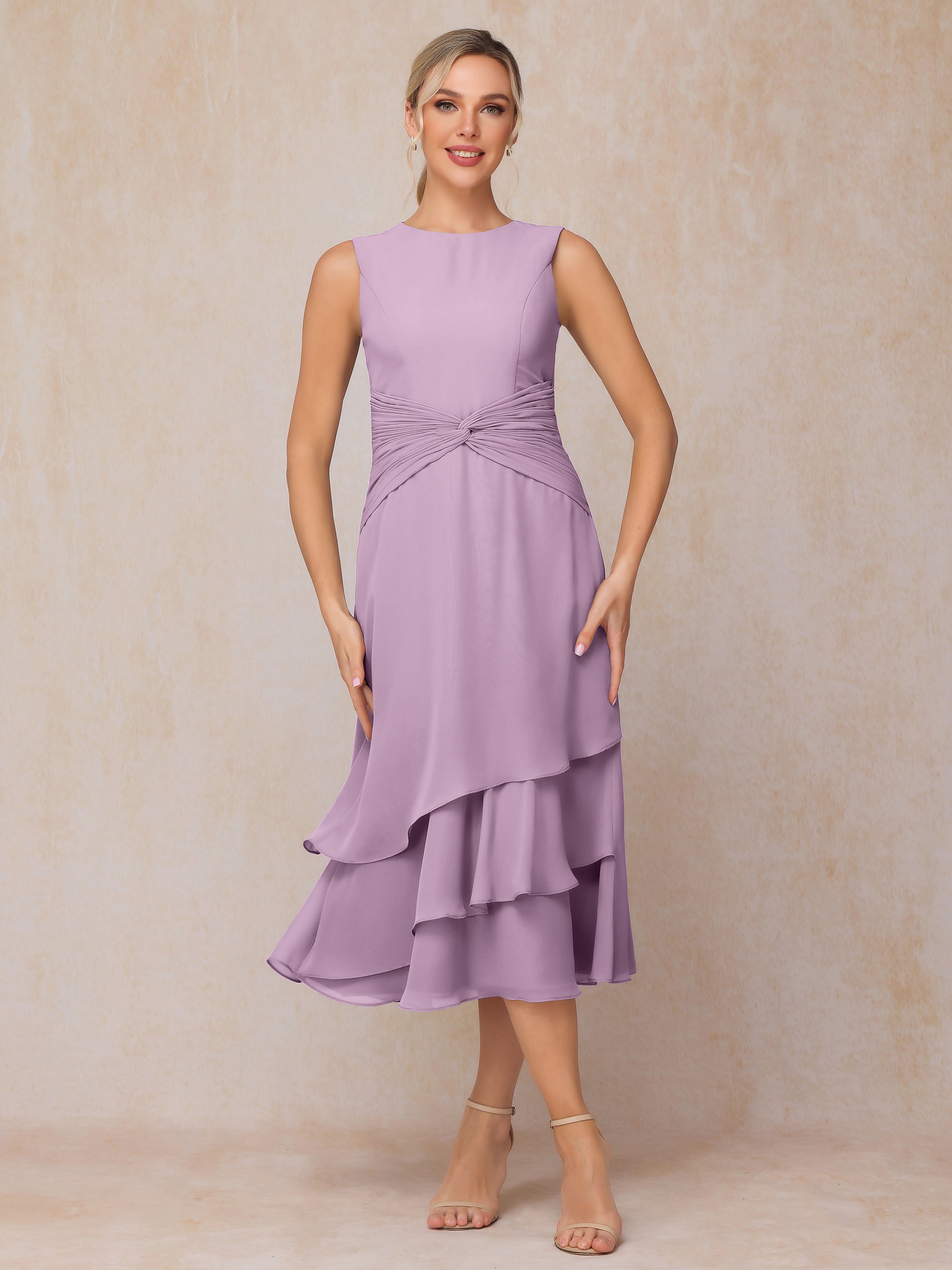 2 Pieces Tea Length Long Sleeves Chiffon Mother Of The Groom Dress