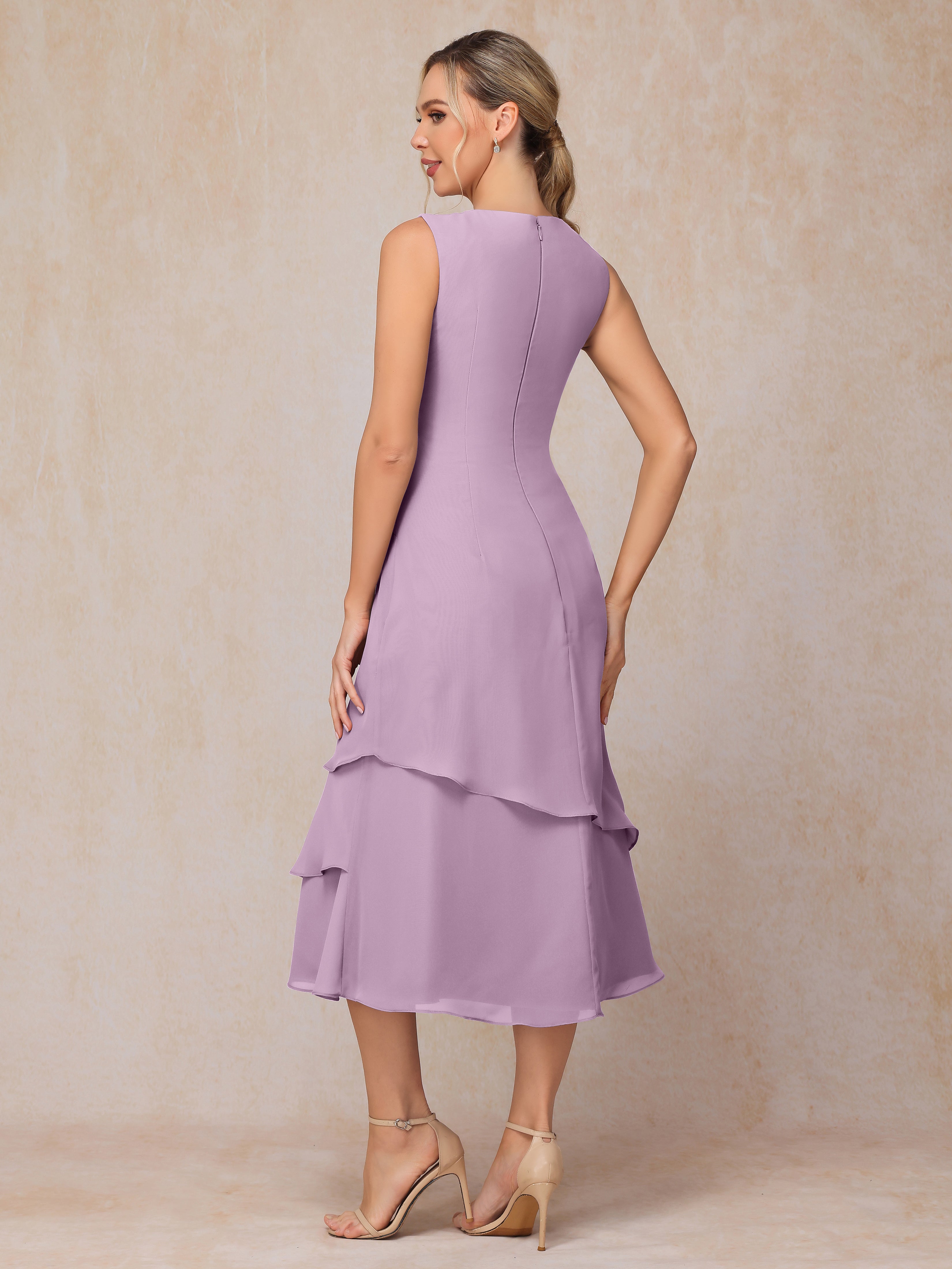 2 Pieces Tea Length Long Sleeves Chiffon Mother Of The Bride Dress