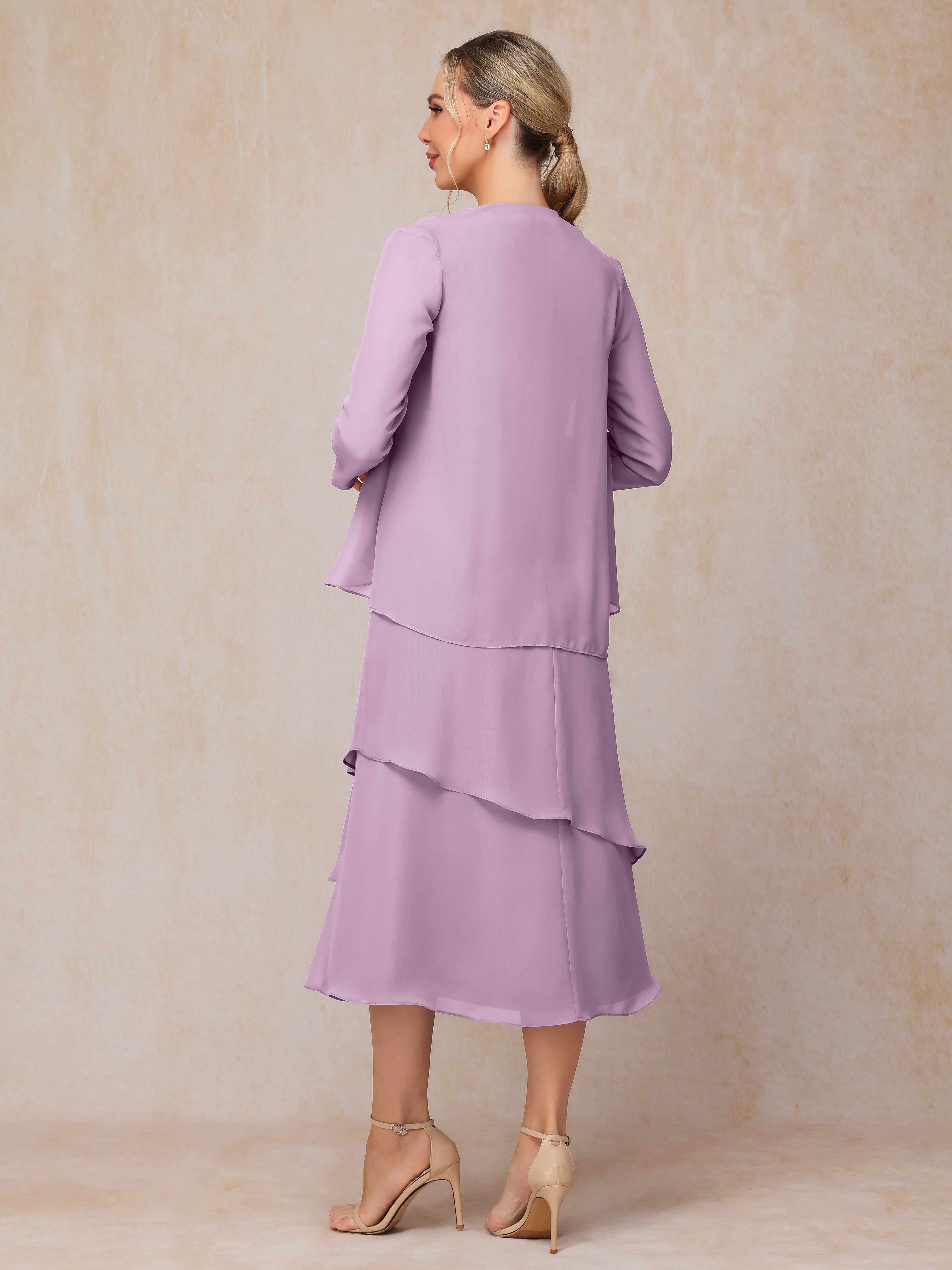 2 Pieces Tea Length Long Sleeves Chiffon Mother Of The Groom Dress