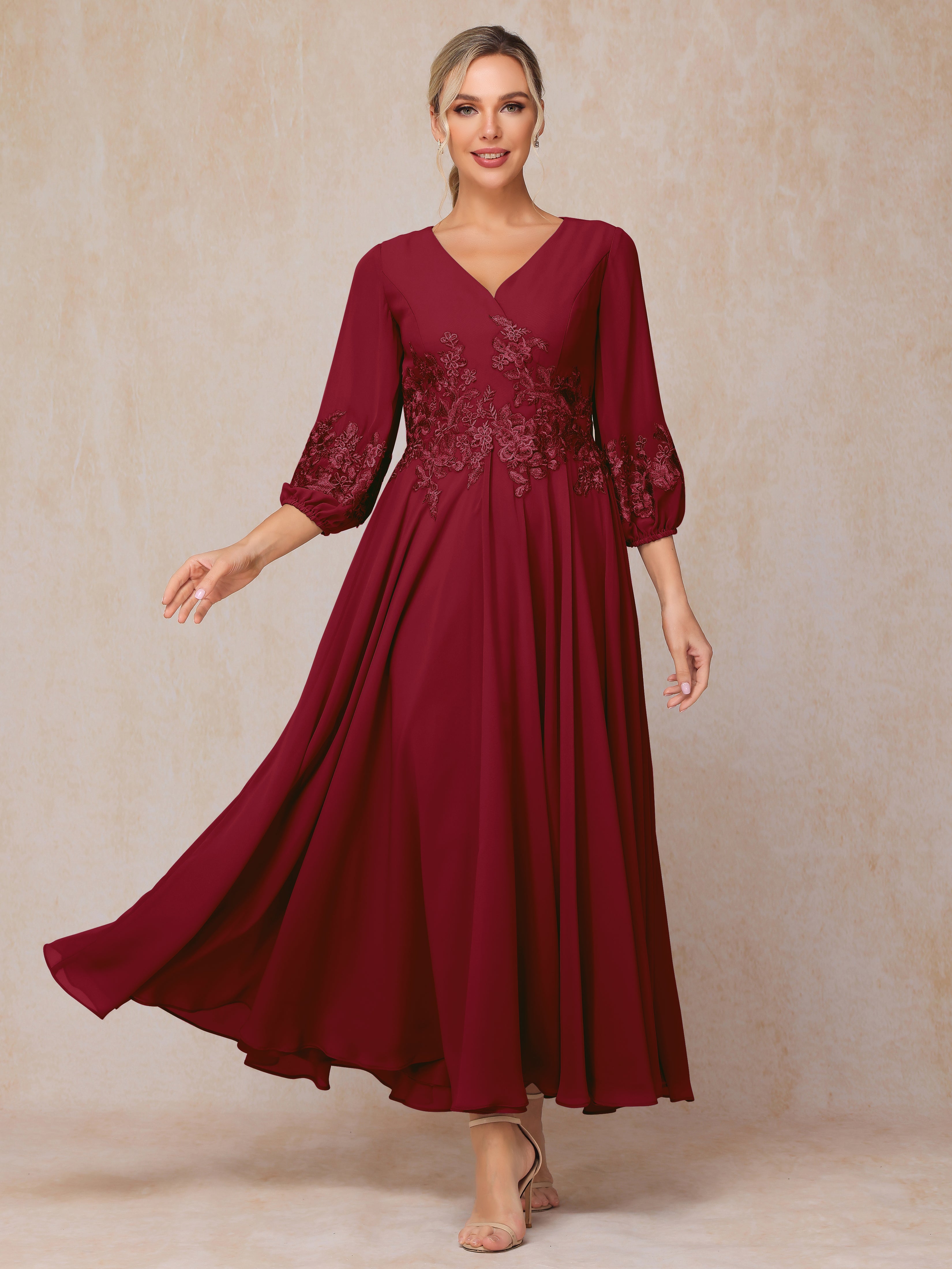 fitted lace wedding dress Long Sleeves Appliques Ankle Length Chiffon Wedding Guest Dresses, Burgundy fitted lace wedding dress Long Sleeves Appliques Ankle Length Chiffon Wedding Guest Dresses, Burgundy