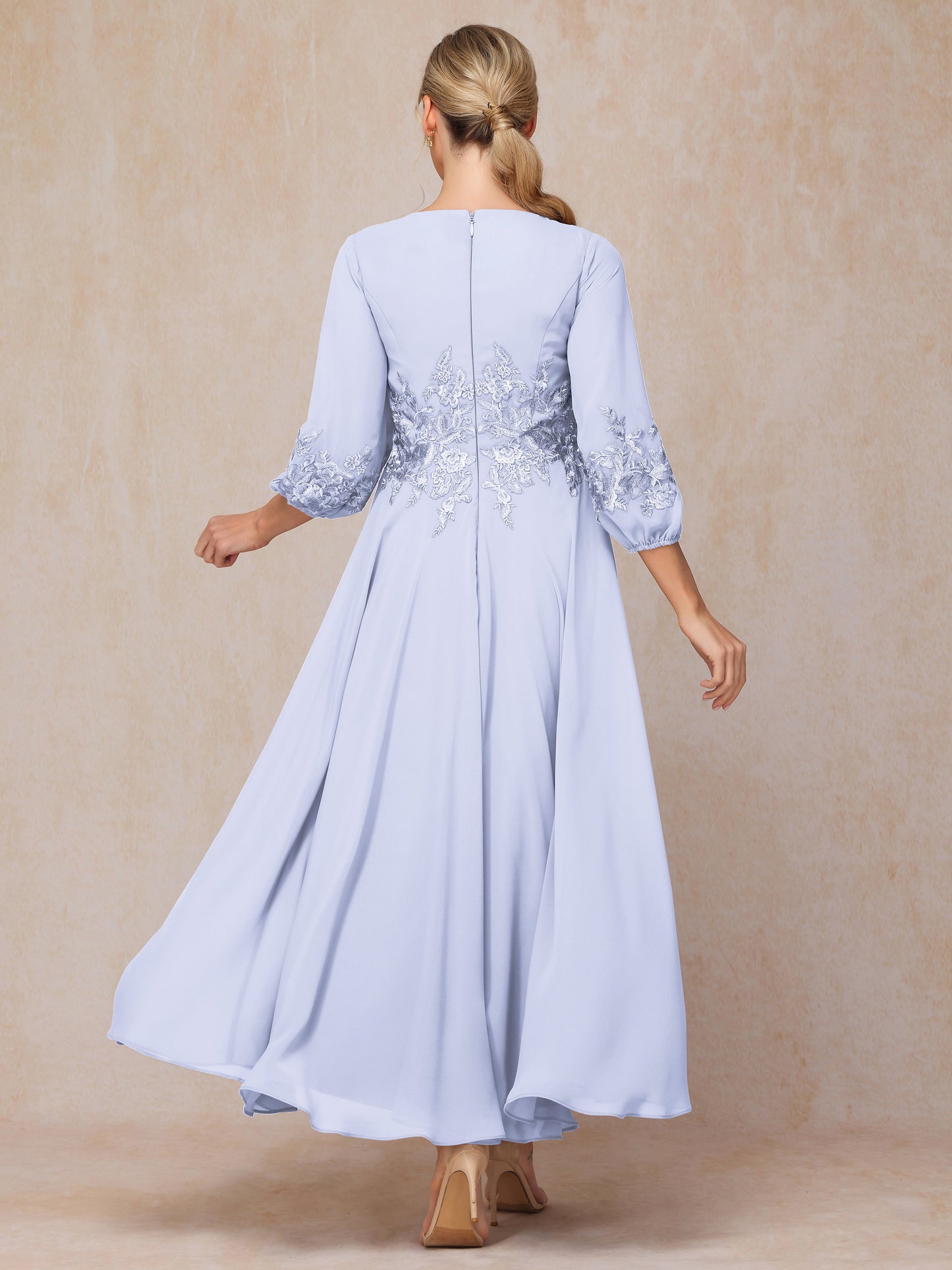 Long Sleeves Appliques Ankle Length Chiffon Wedding Guest Dresses