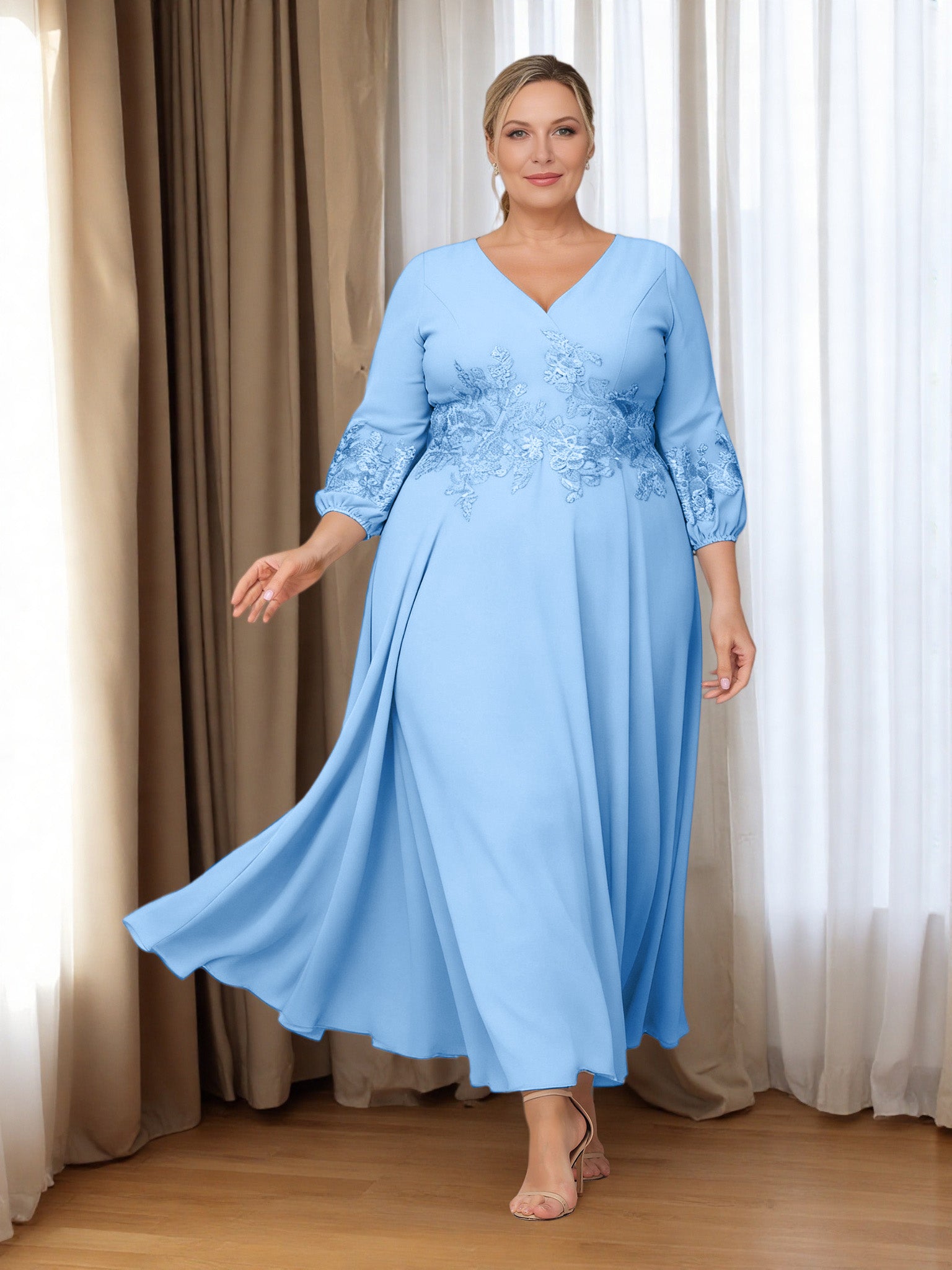 Cicinia Blue Mother Of The Bride Dress Plus Size Long Appliques Lace Chiffon Ankle Length V-neck