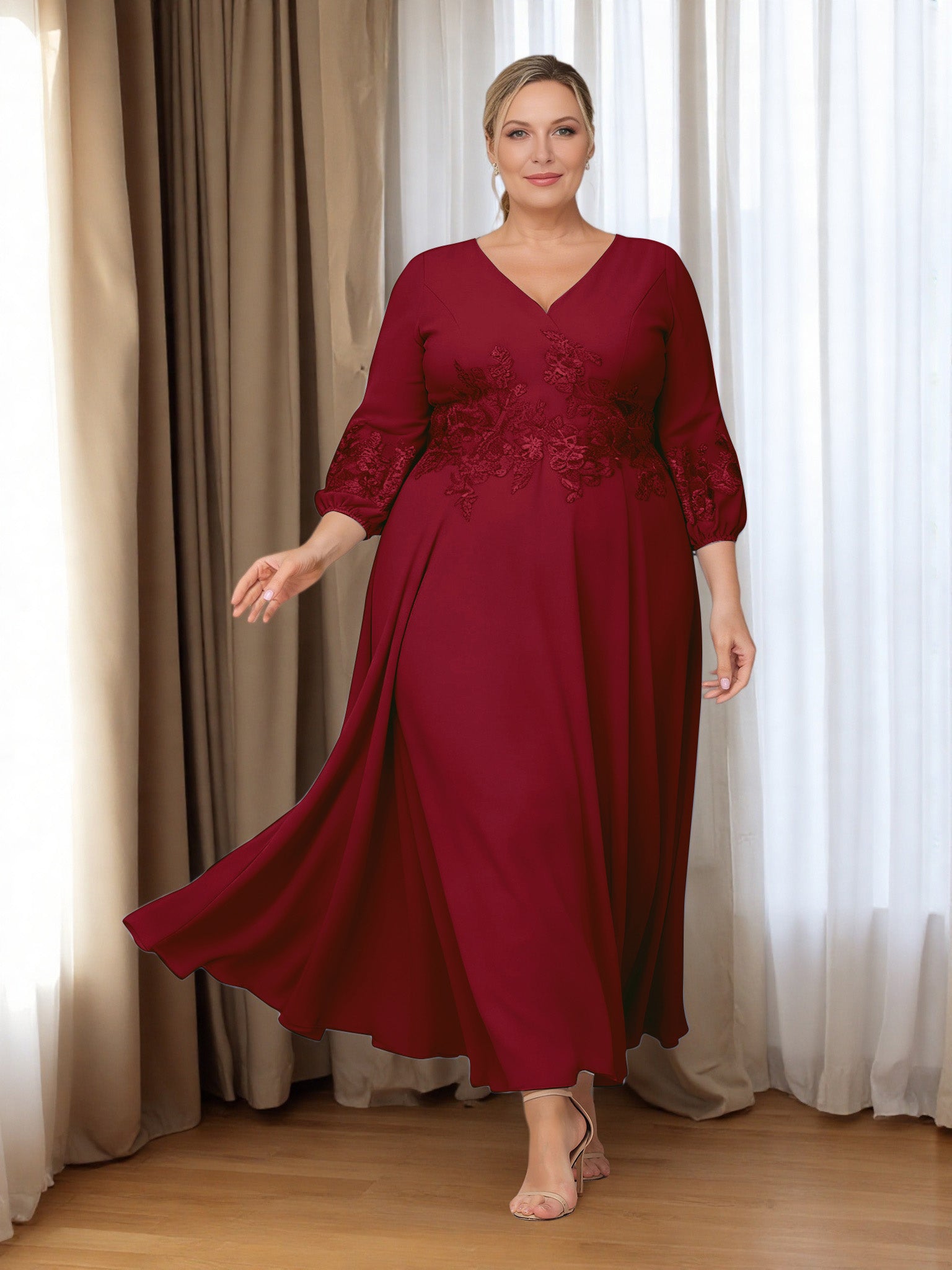 Cicinia Burgundy Mother Of The Bride Dress Plus Size Long Appliques Lace Chiffon Ankle Length V-neck