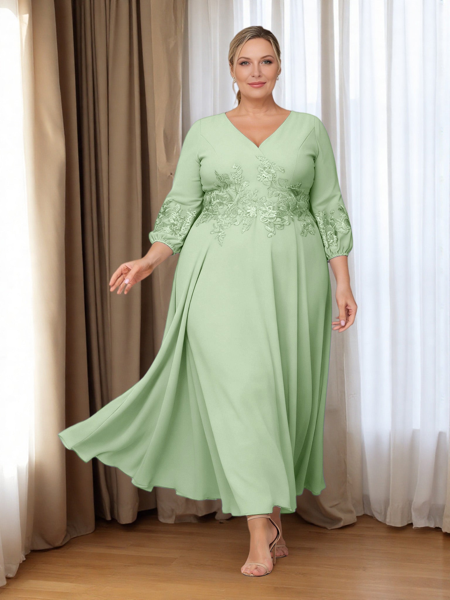 Cicinia Dusty Sage Mother Of The Bride Dress Plus Size Long Appliques Lace Chiffon Ankle Length V-neck