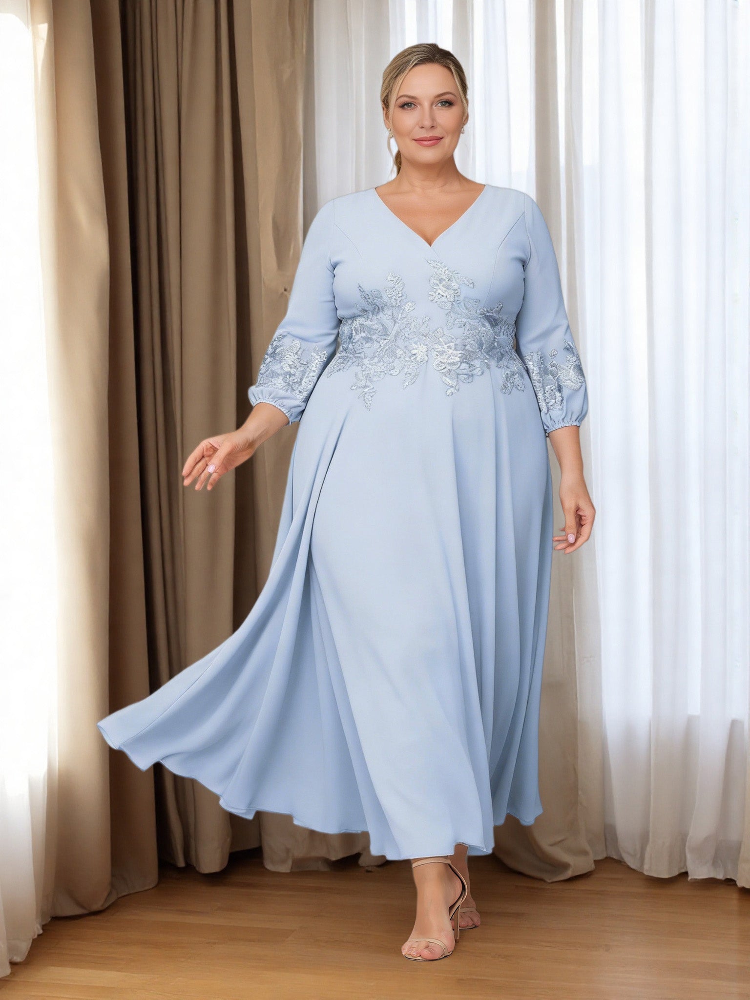 Cicinia Sky Blue Mother Of The Bride Dress Plus Size Long Appliques Lace Chiffon Ankle Length V-neck