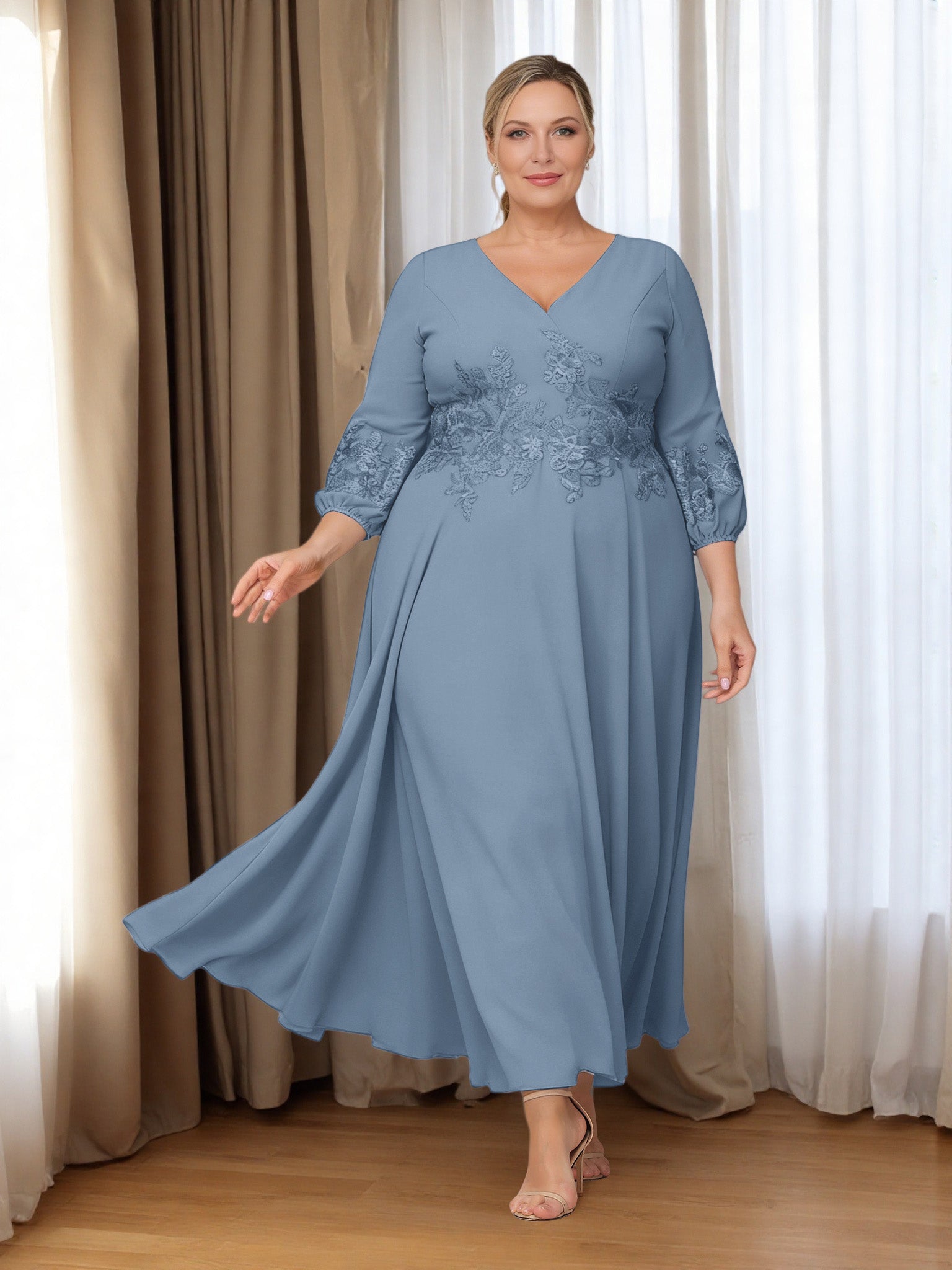 Cicinia Slate Blue Mother Of The Bride Dress Plus Size Long Appliques Lace Chiffon Ankle Length V-neck Cicinia Slate Blue Mother Of The Bride Dress Plus Size Long Appliques Lace Chiffon Ankle Length V-neck