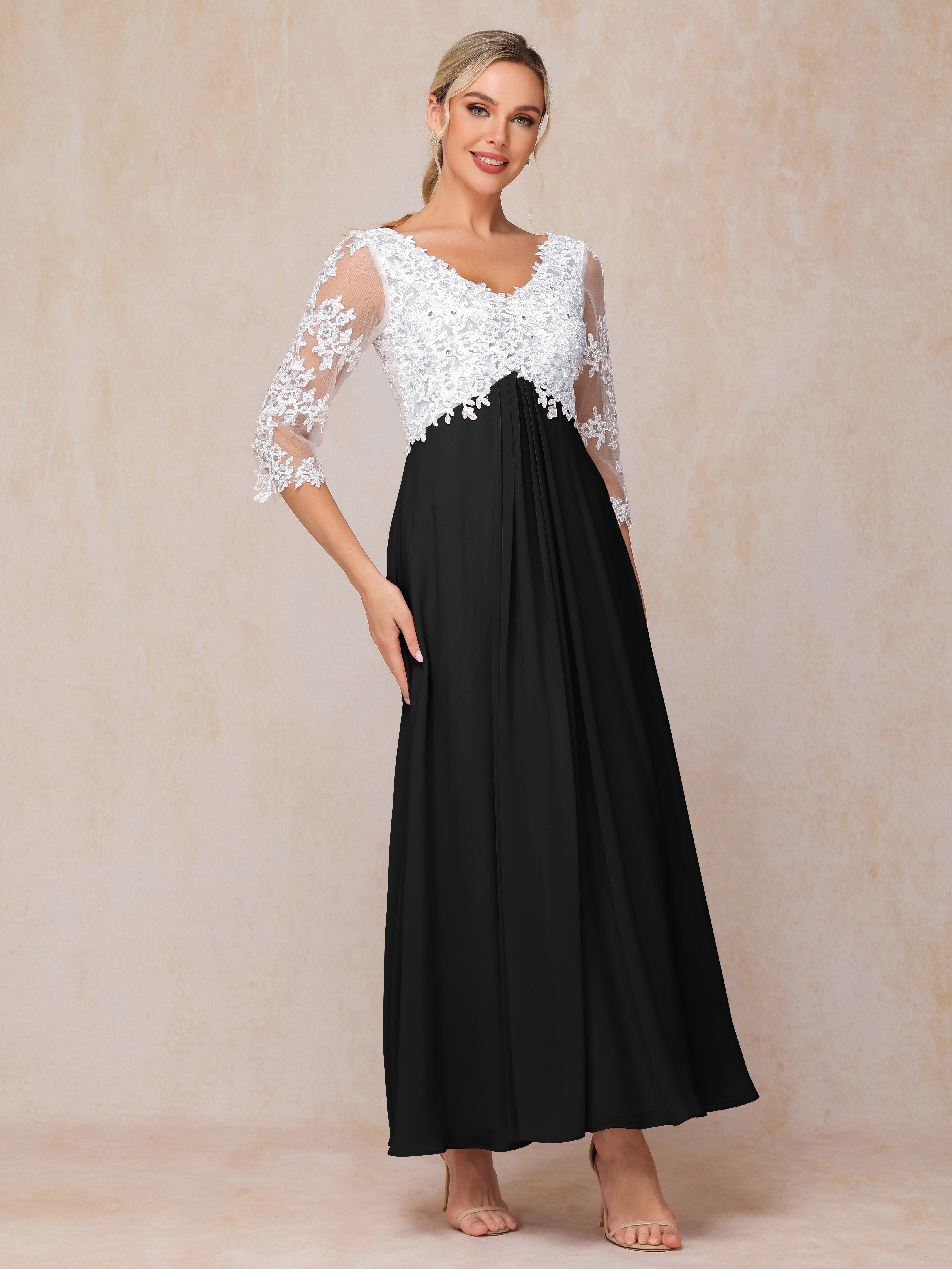 3/4 Sleeves A Line Ankle Length Chiffon Lace Wedding Guest Dresses