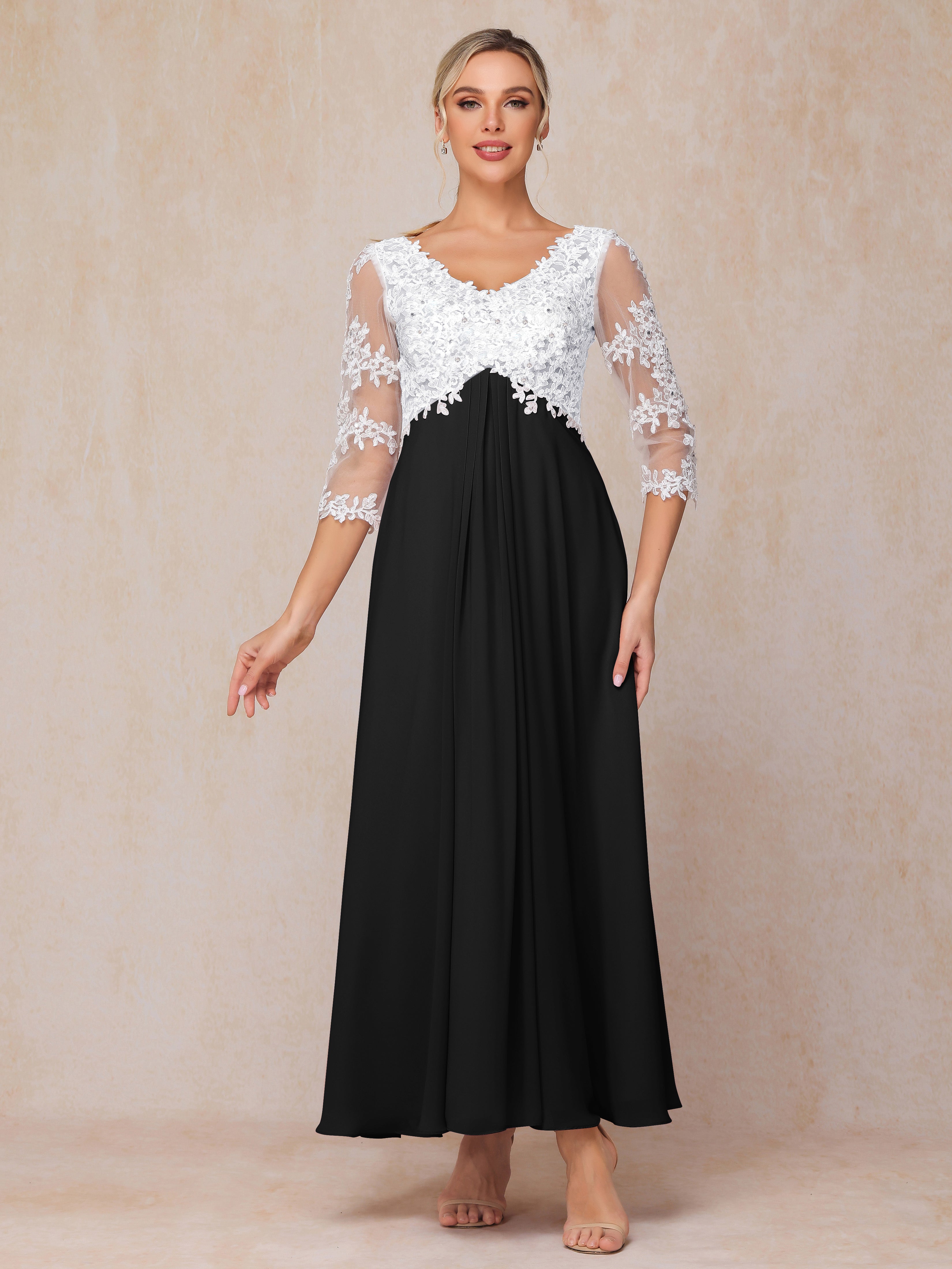 3/4 Sleeves A Line Ankle Length Chiffon Lace Wedding Guest Dresses