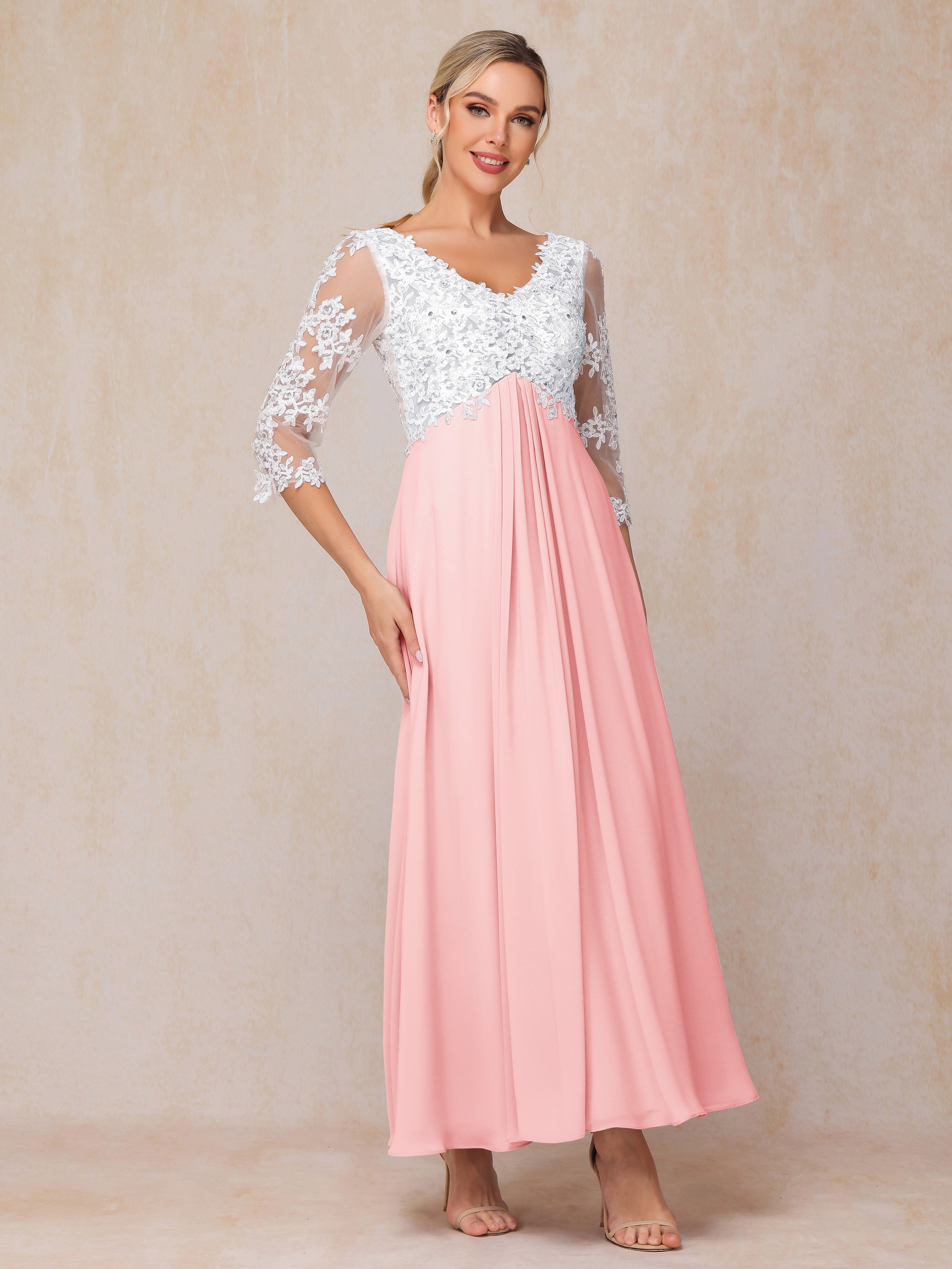 3/4 Sleeves A Line Ankle Length Chiffon Lace Wedding Guest Dresses