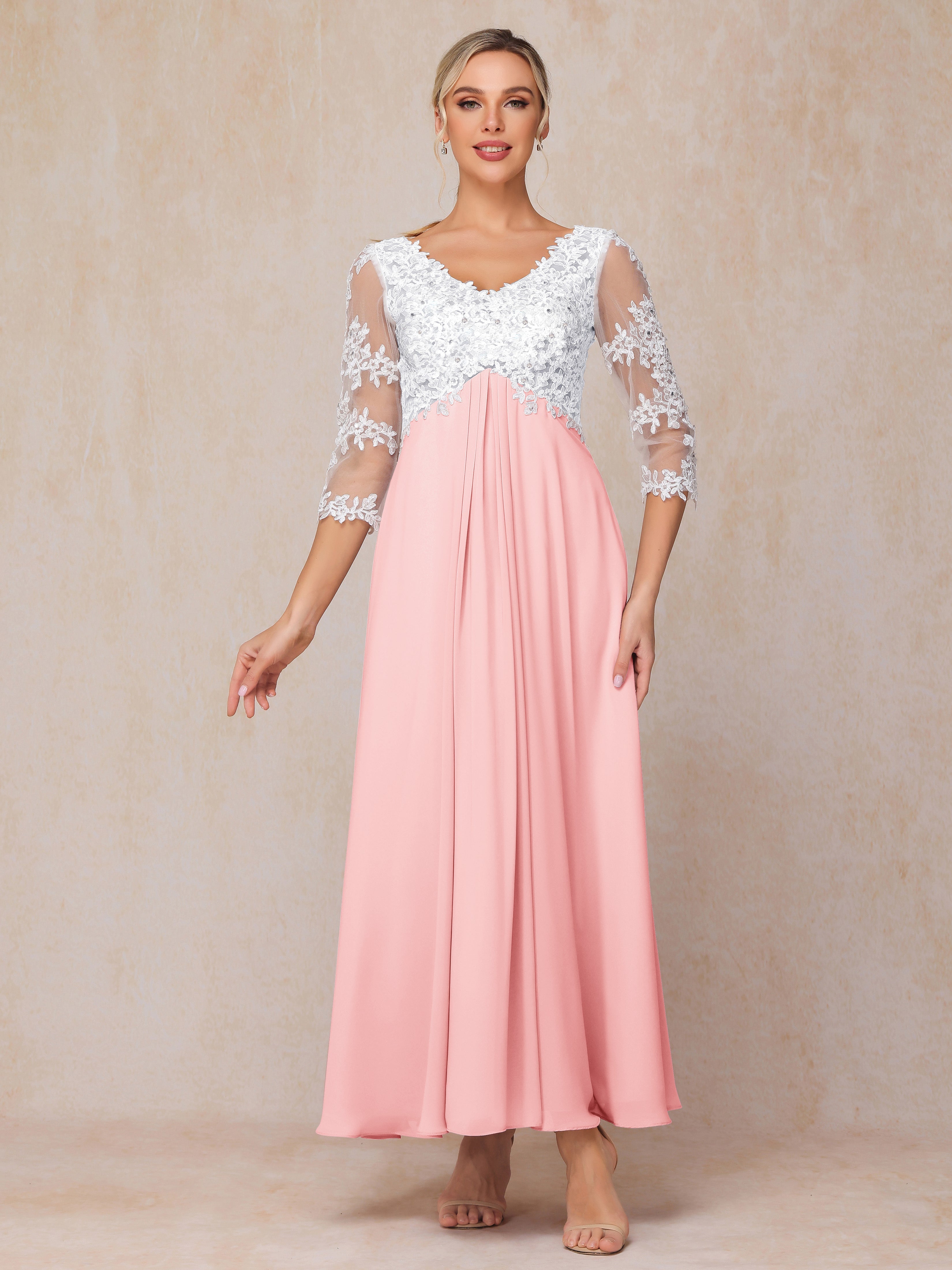 3/4 Sleeves A Line Ankle Length Chiffon Lace Wedding Guest Dresses