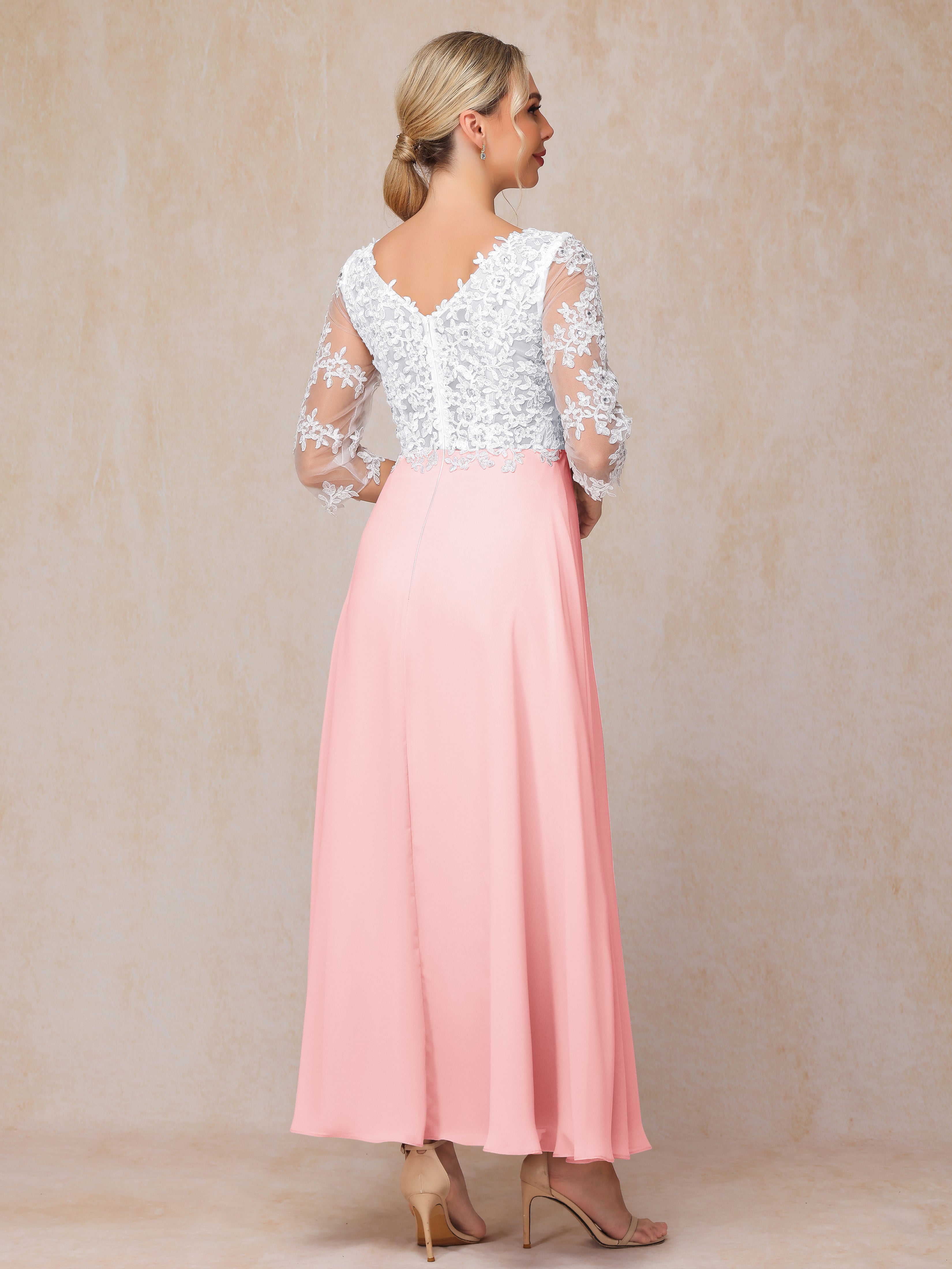 3/4 Sleeves A Line Ankle Length Chiffon Lace Wedding Guest Dresses